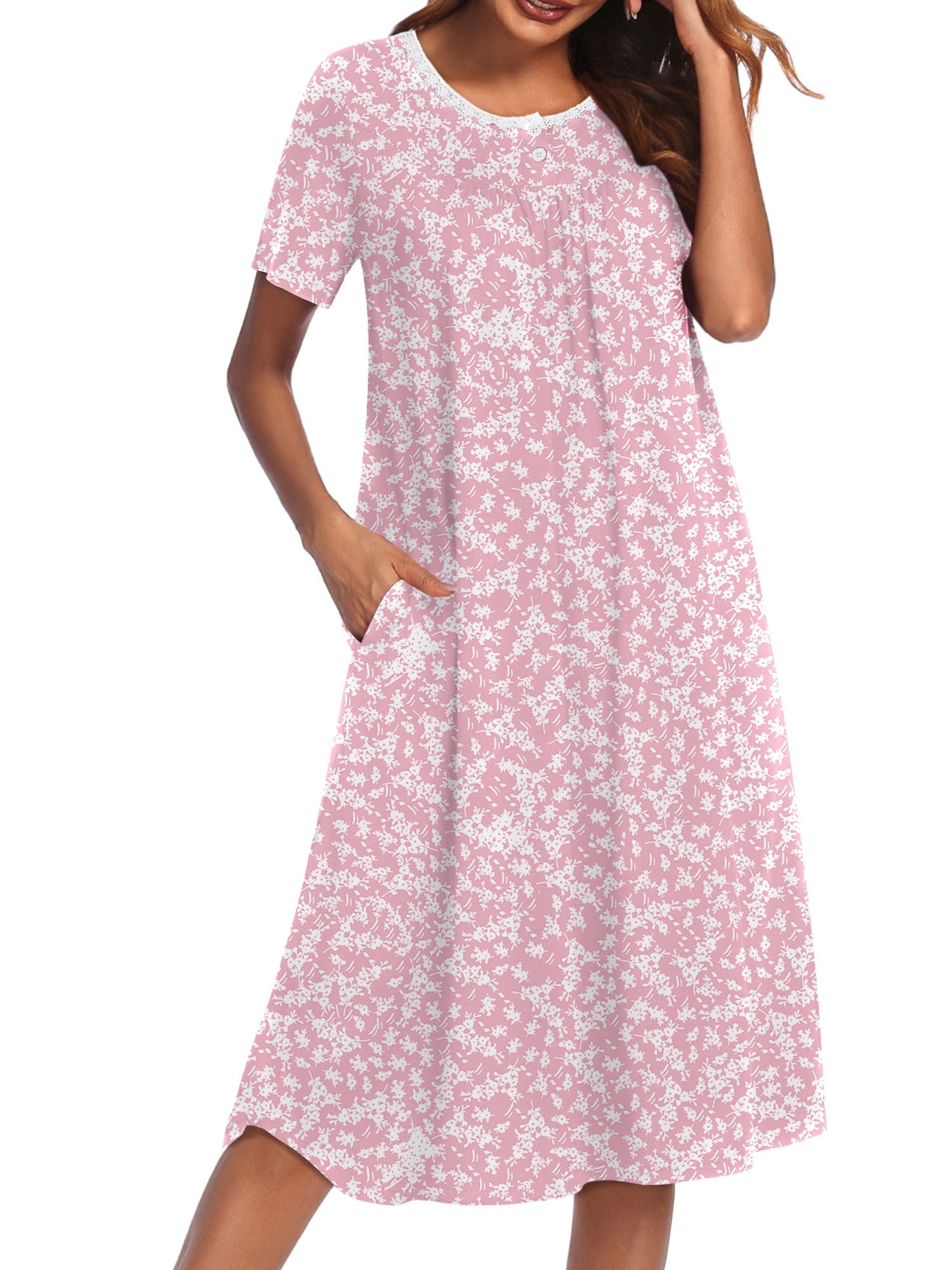 Nightgowns for Women Floral Short Sleeve Henley Sleepshirt Long Nightdress Sleepwear with Pockets S-3XL
