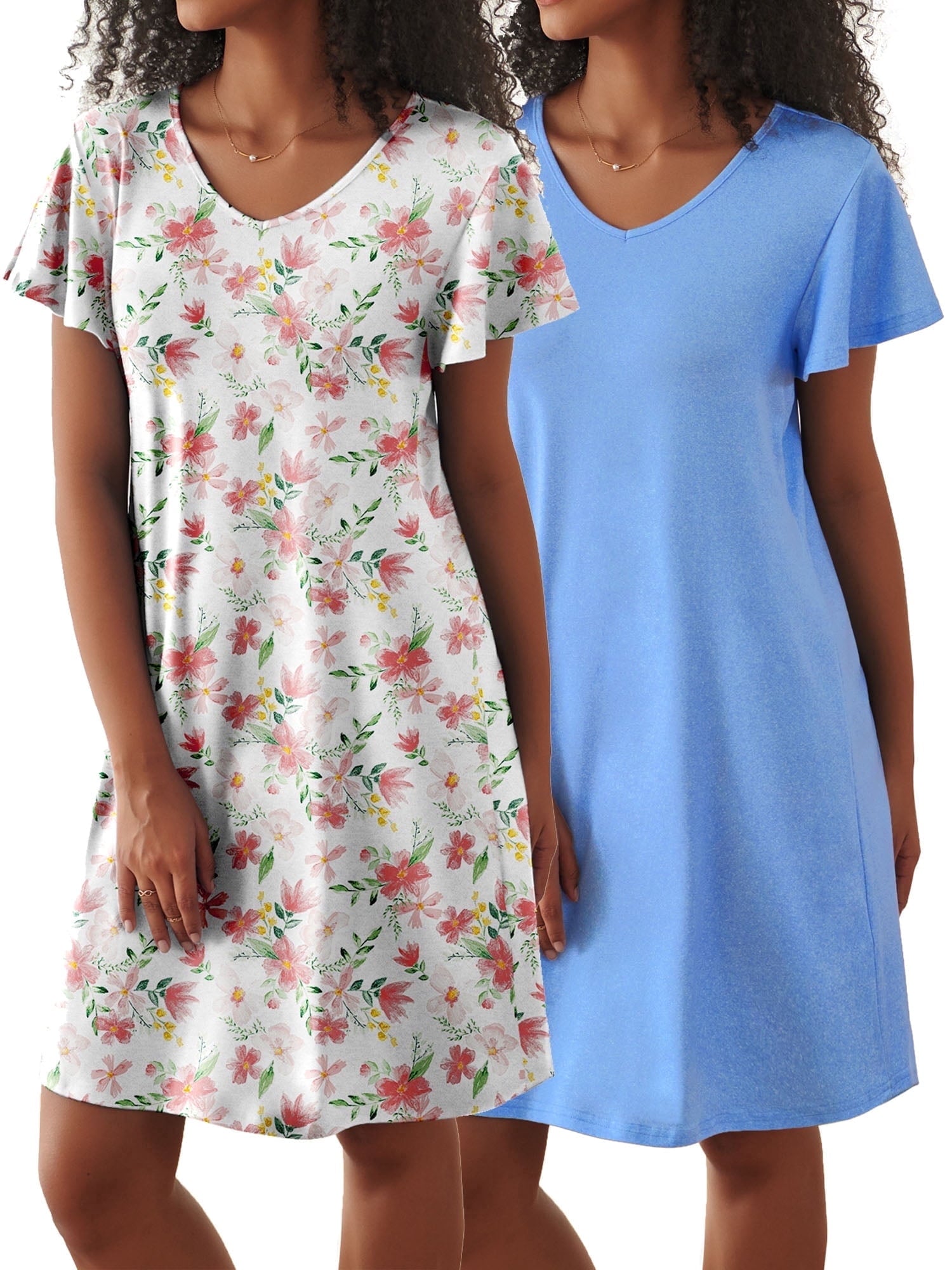 2 Pack Women Nightgown Sleepwear Flare Short Sleeve Sleepshirts V Neck Sleepdress Causal Pajama Dress