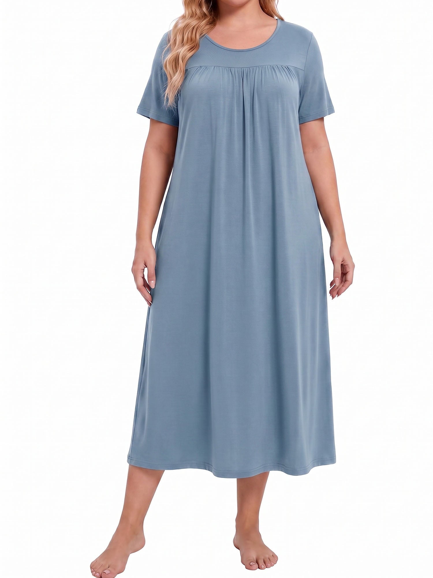 Bamboo Viscose Nightgowns for Women Pleated Floral House Dress Comfy Long Loungwear Short Sleeve Sleepwear