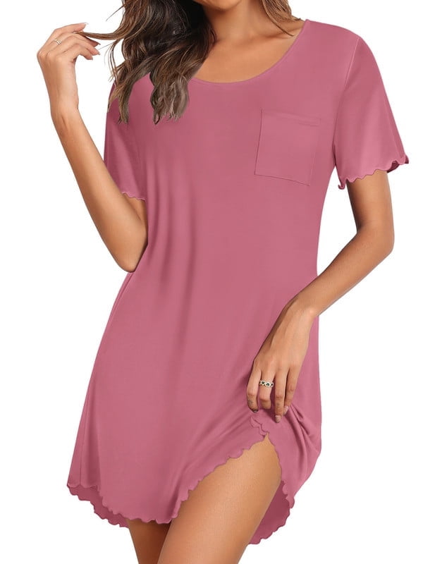 Bamboo Viscose Nightgowns for Women Ruffled Short Sleeve Sleepshirts Tie Dye Pajamas Dress with Chest Pocekts S-3XL