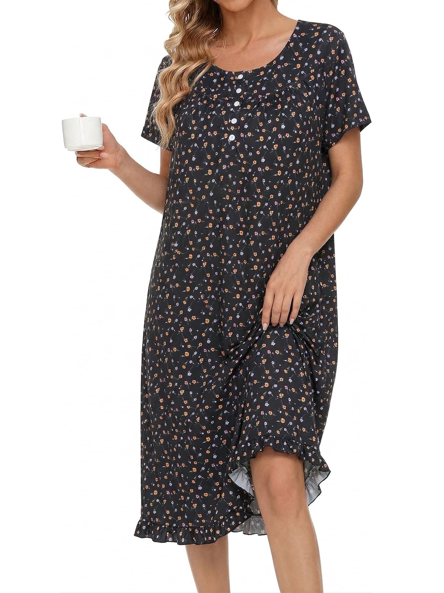 Women Nightgowns with Pockets Button Front Henley NeckHouse Dresses Ruffle Hem Nightdress Sleepwear Short Sleeve Pajamas Dress