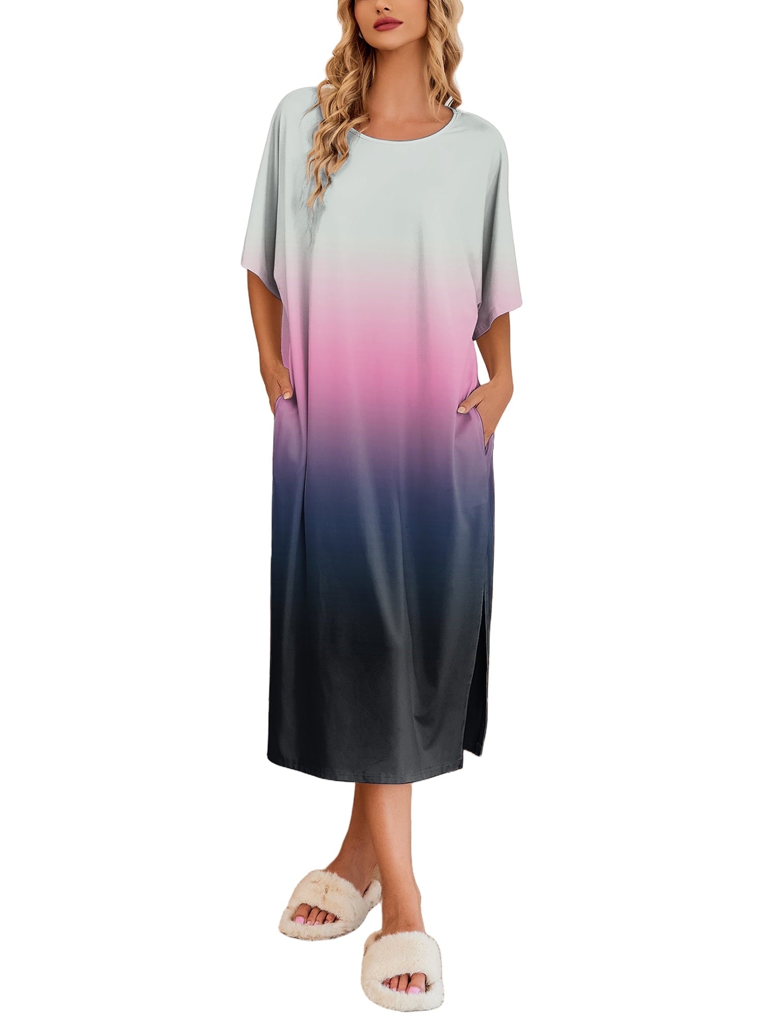 Women Long Nightgown Short Sleeve Sleepshirt Casual Maxi Loungewear with Pockets