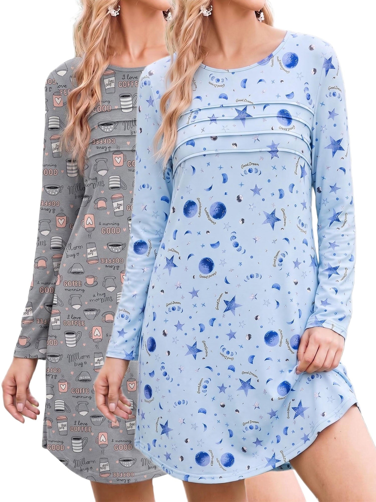 2 Pack Nightgowns for Women Long Sleeve Nightshirts Soft Crew Neck Pajamas Dress Sleepwear , Floral Printed, S-XXXL