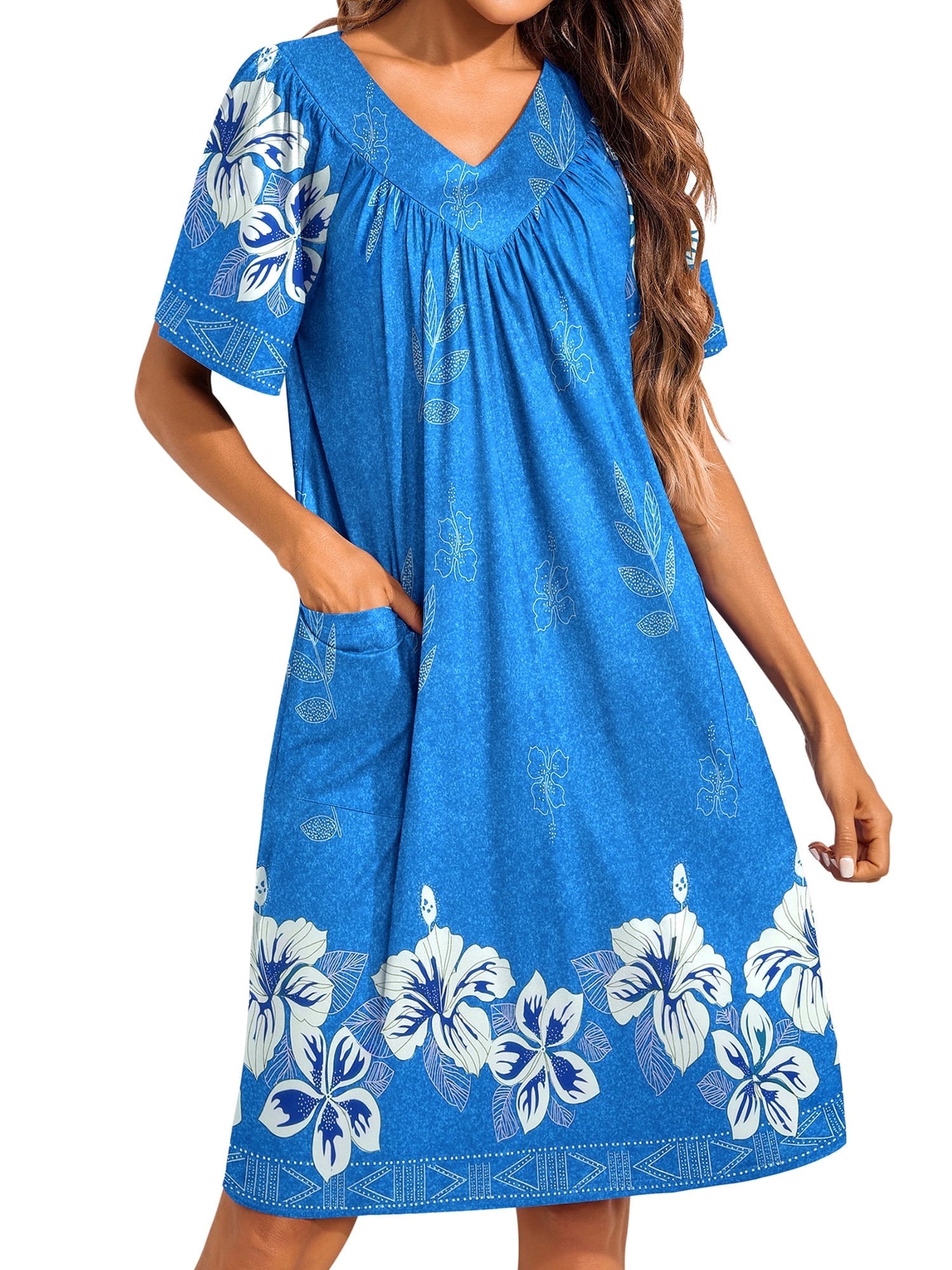 Women House Dress Floral Print Nightgown with Pockets Comfy Short Sleeve Nightdress