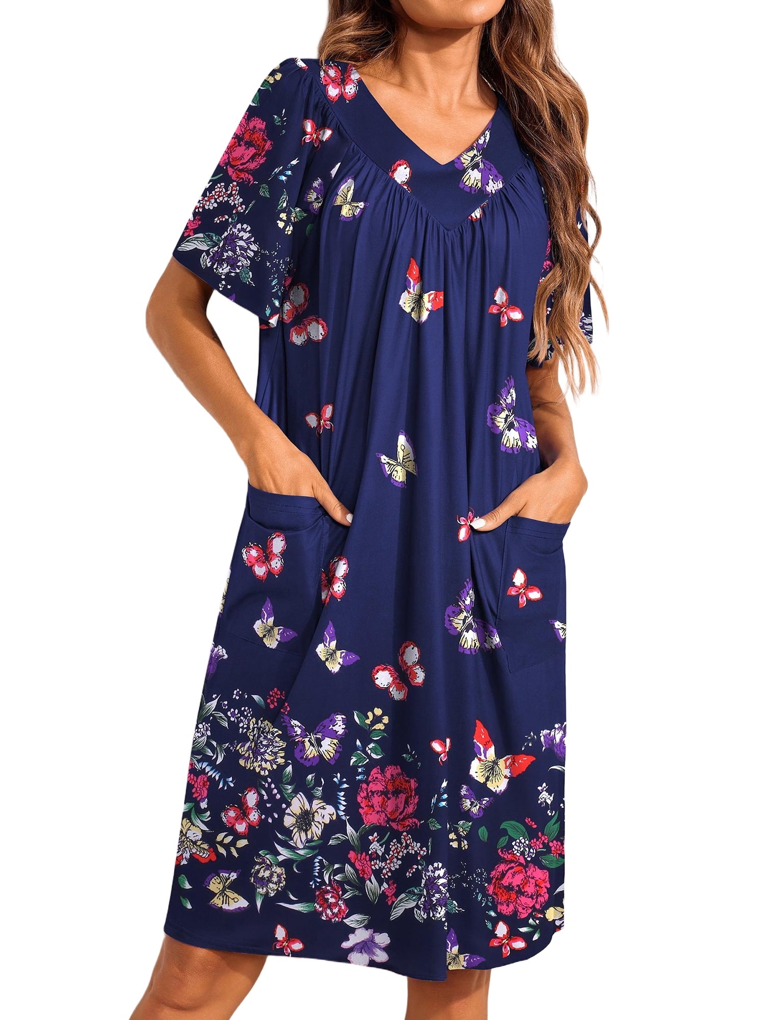Women House Dress Floral Print Nightgown with Pockets Comfy Short Sleeve Nightdress