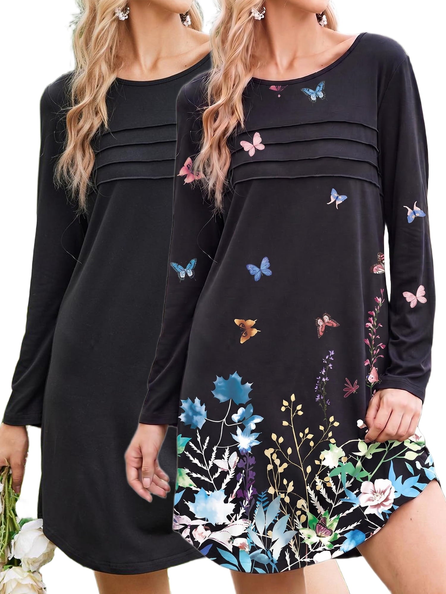 2 Pack Nightgowns for Women Long Sleeve Nightshirts Soft Crew Neck Pajamas Dress Sleepwear , Floral Printed, S-XXXL
