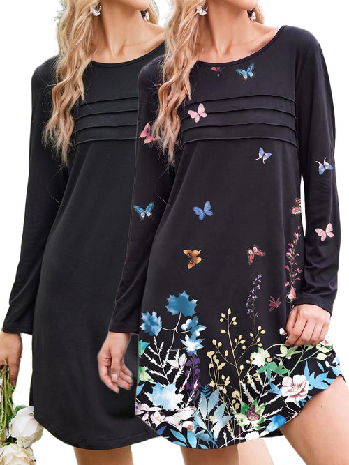 2 Pack Nightgowns for Women Long Sleeve Nightshirts Soft Crew Neck Pajamas Dress Sleepwear , Floral Printed, S-XXXL