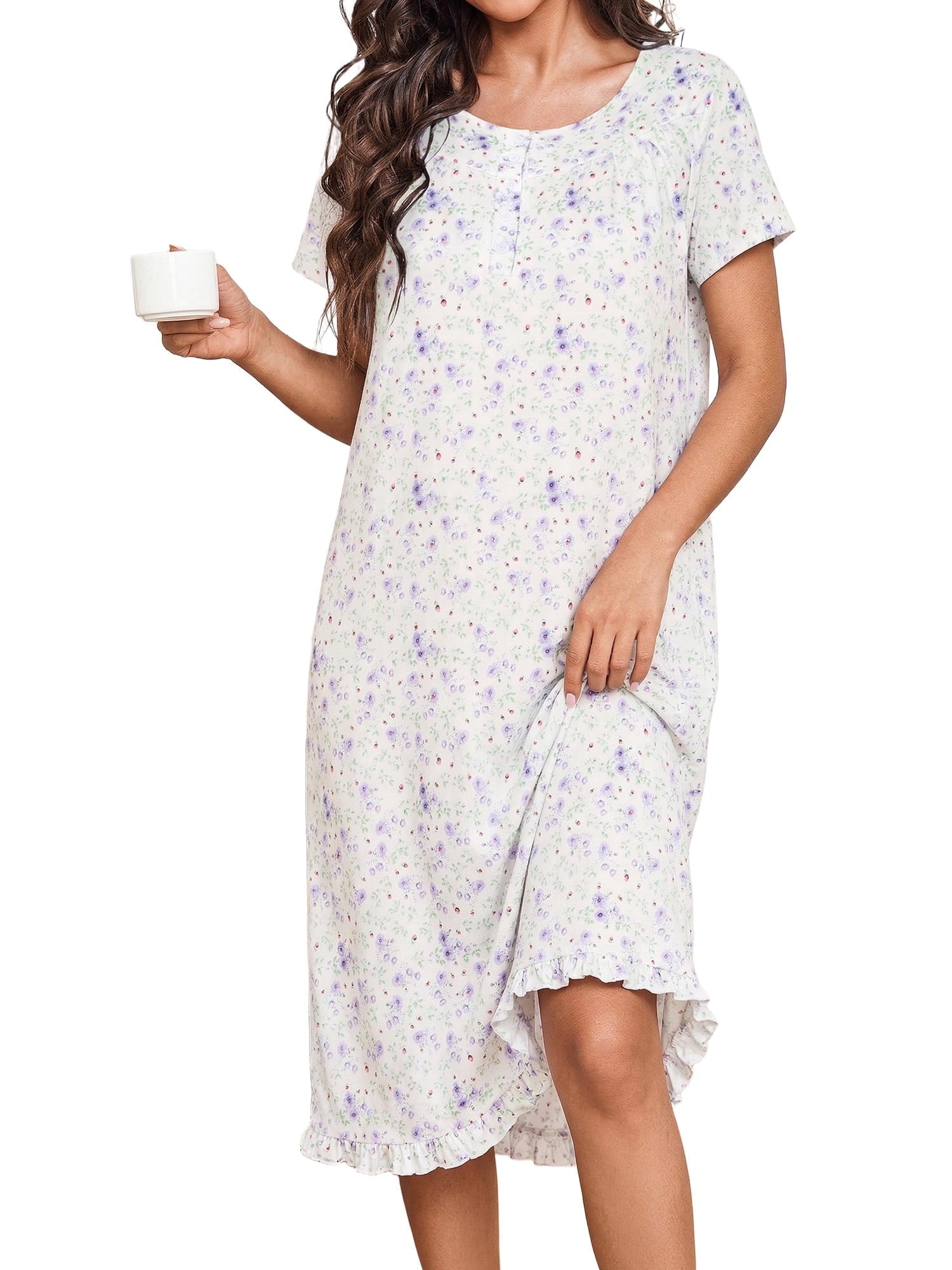 Women Nightgowns with Pockets Button Front Henley NeckHouse Dresses Ruffle Hem Nightdress Sleepwear Short Sleeve Pajamas Dress