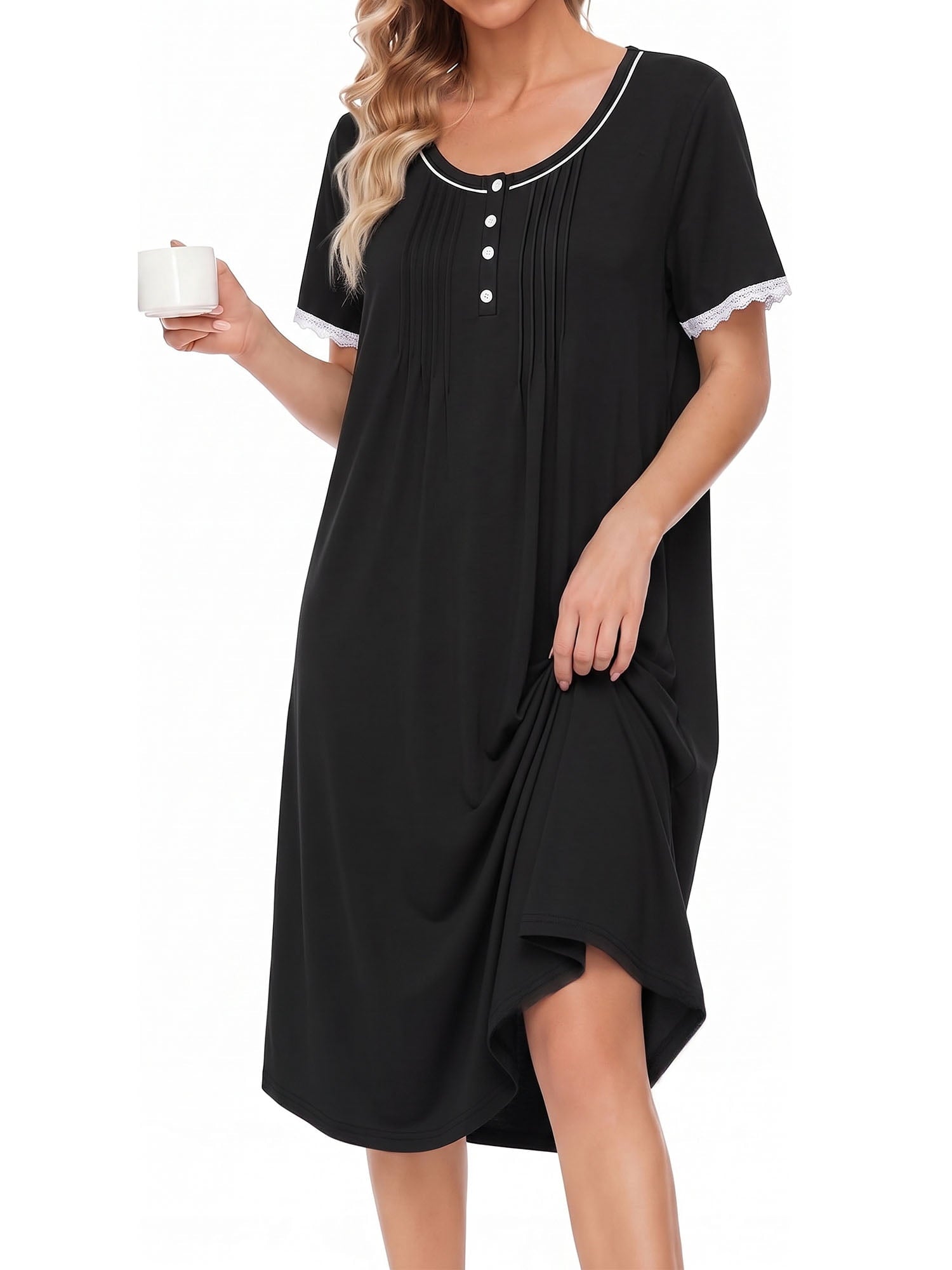 Nightgowns for Women Button Front Henley Neck House Dress Short Sleeve Soft Pajamas Dress Sleepwear