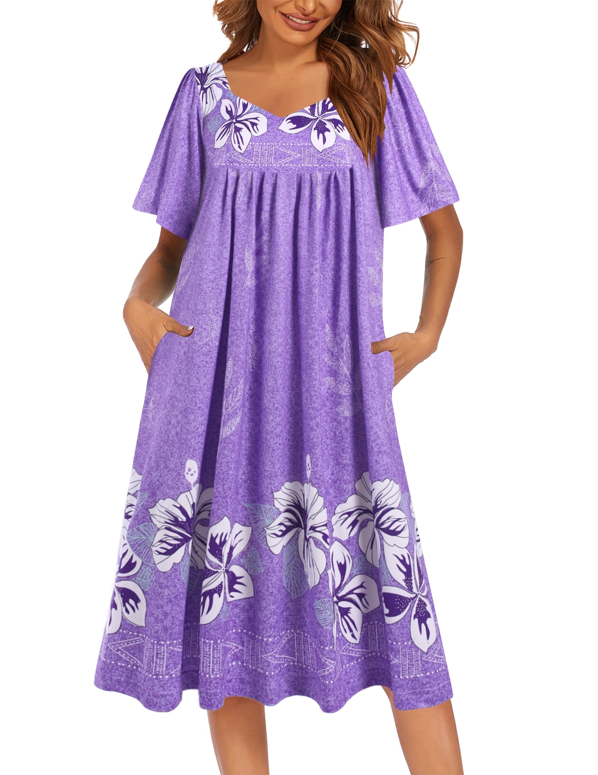 Women Short Sleeve Nightgown Long Sleepshirts V Neck Sleep Dress Below Knee Length Sleepwear