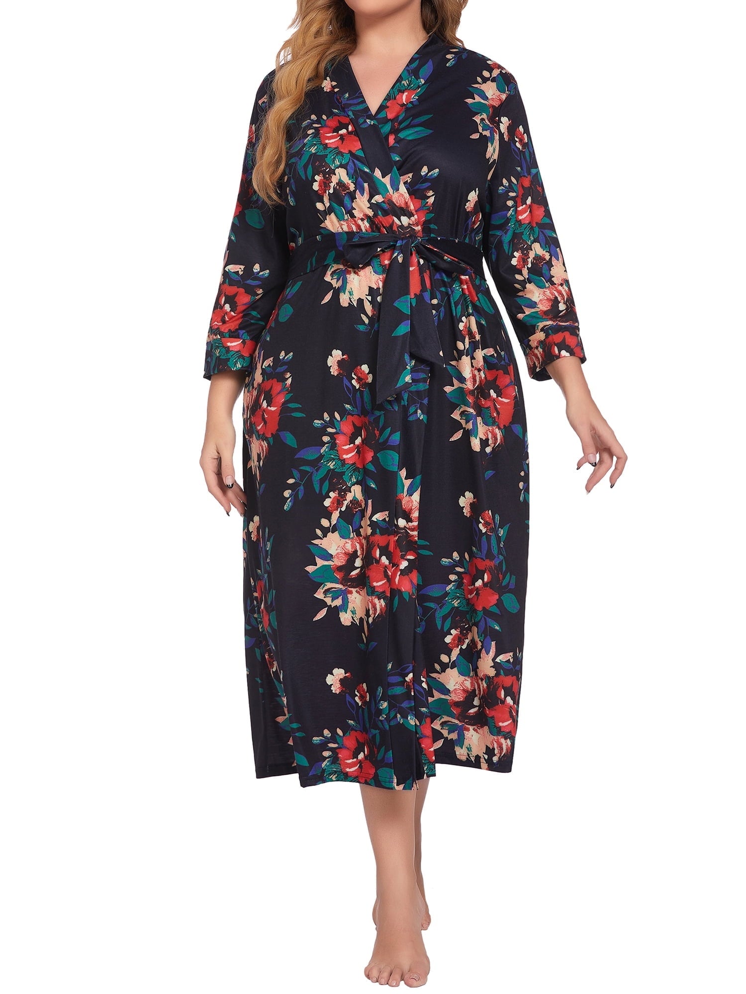 Womens Plus Size Kimono Robes Long Bathrobe Ladies V Neck Loungewear Lightweight Soft Sleepwear XL-5XL