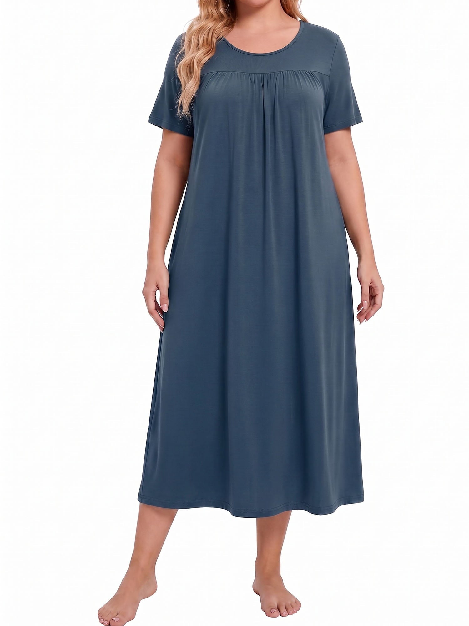Bamboo Viscose Nightgowns for Women Pleated Floral House Dress Comfy Long Loungwear Short Sleeve Sleepwear