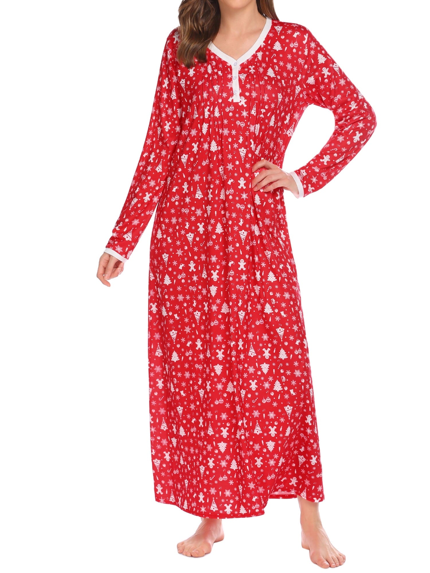 Women Long Sleeve Nightgown Long Sleepshirts Henley Sleep Dress Full Length Sleepwear