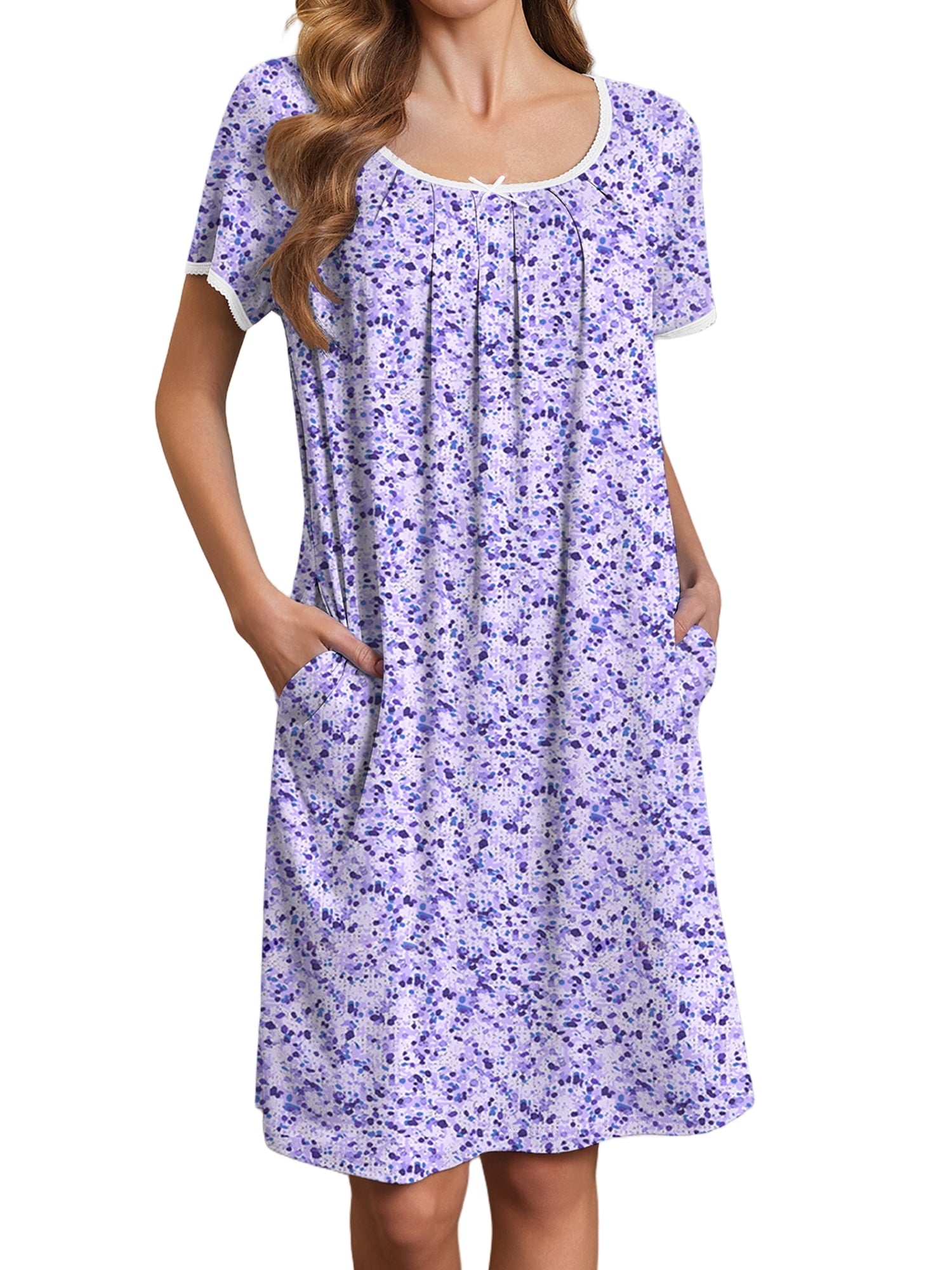 Nightgowns for Women Short Sleeve House Dress with Pockets Pleated Nightdress Soft Sleepwear