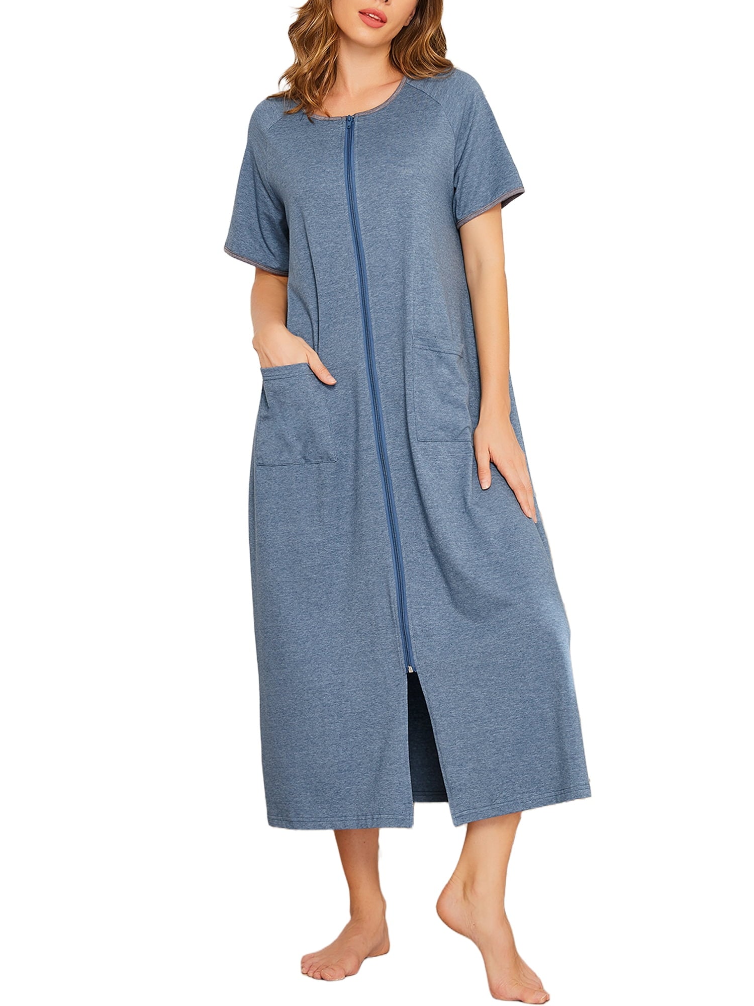 Women Zipper Front Robes Full Length Housecoat Short Sleeve Bathrobes with Pocket Loungewear