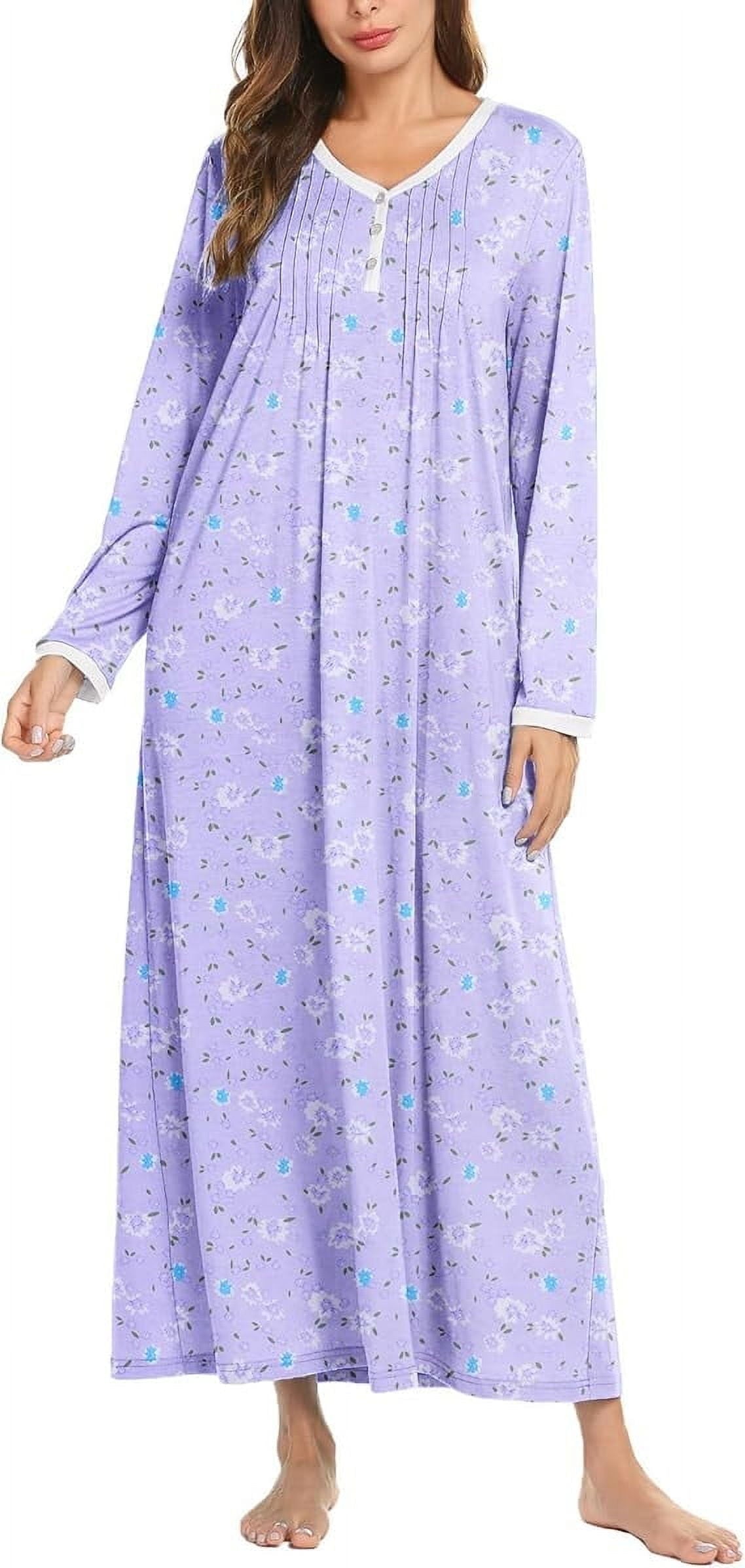 Women Long Sleeve Nightgown Long Sleepshirts Henley Sleep Dress Full Length Sleepwear