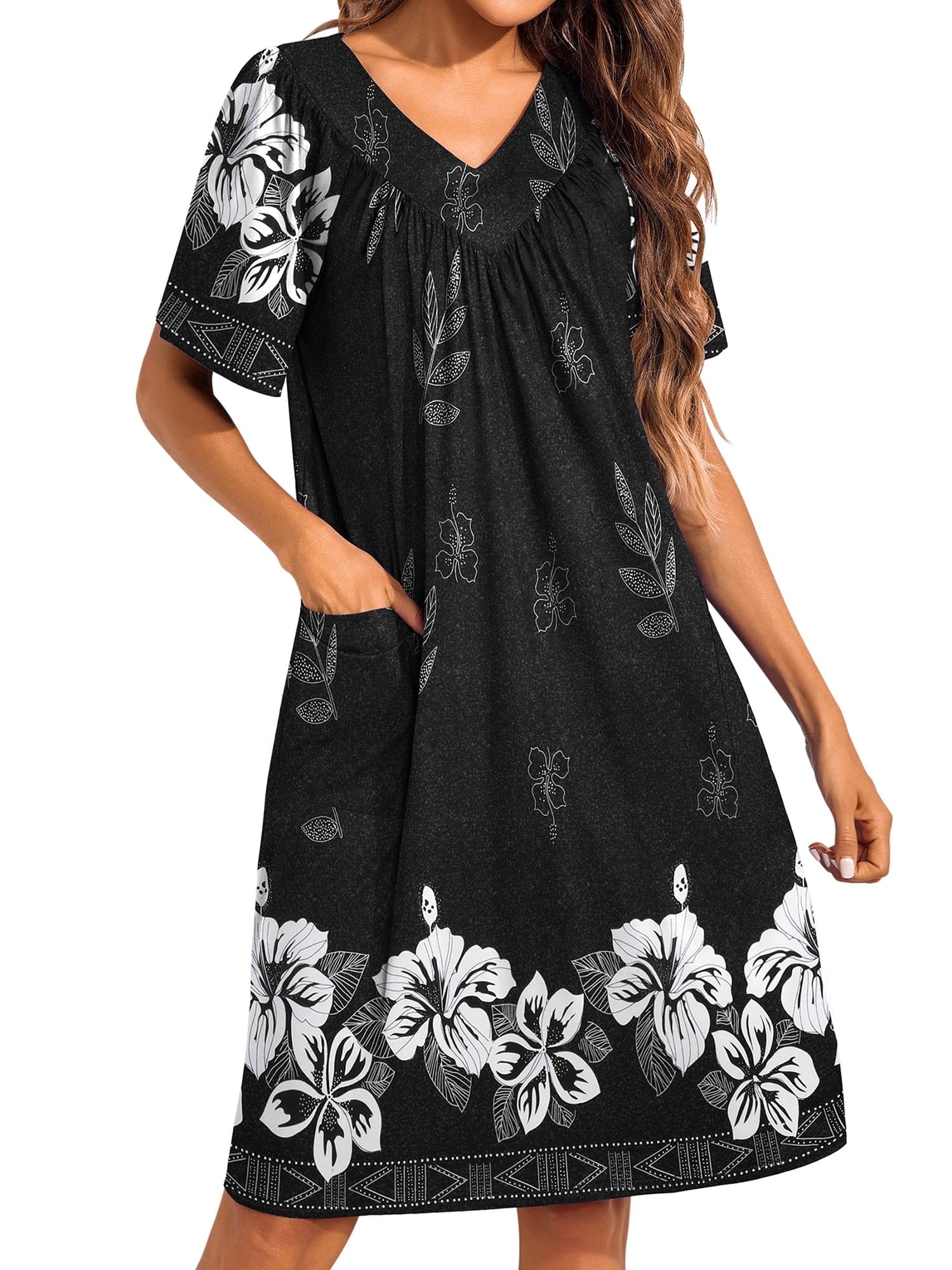 Women House Dress Floral Print Nightgown with Pockets Comfy Short Sleeve Nightdress