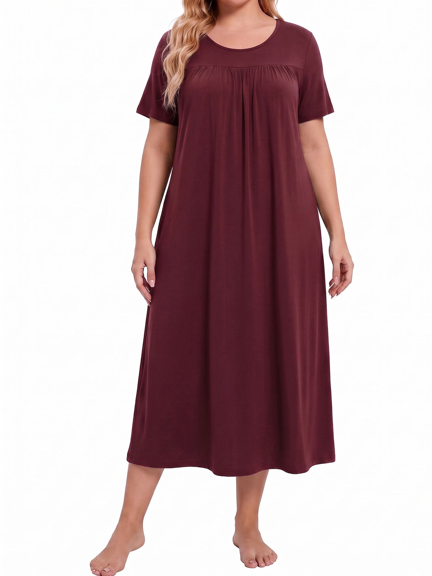 Bamboo Viscose Nightgowns for Women Pleated Floral House Dress Comfy Long Loungwear Short Sleeve Sleepwear
