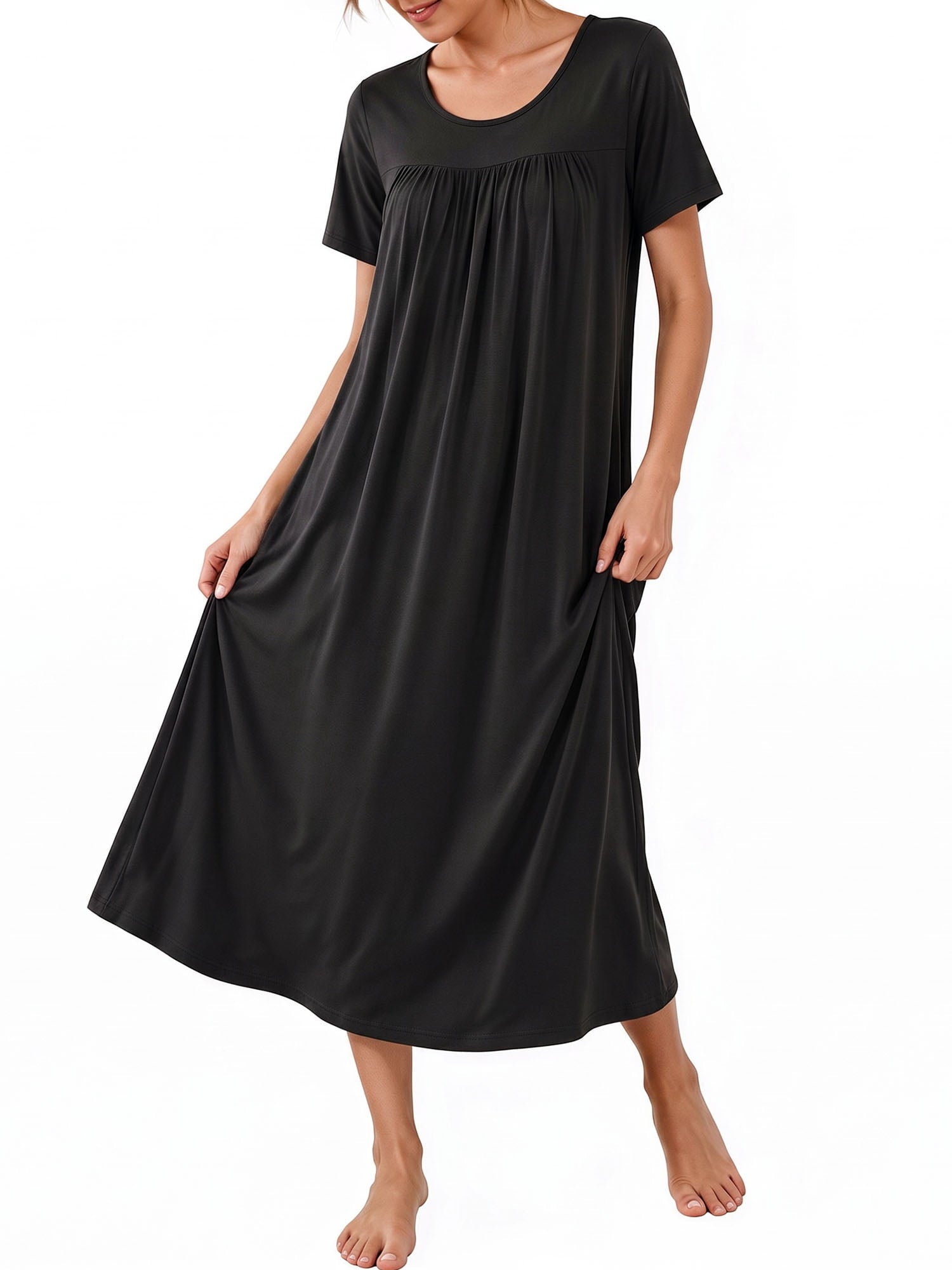 Bamboo Viscose Nightgowns for Women Pleated Floral House Dress Comfy Long Loungwear Short Sleeve Sleepwear
