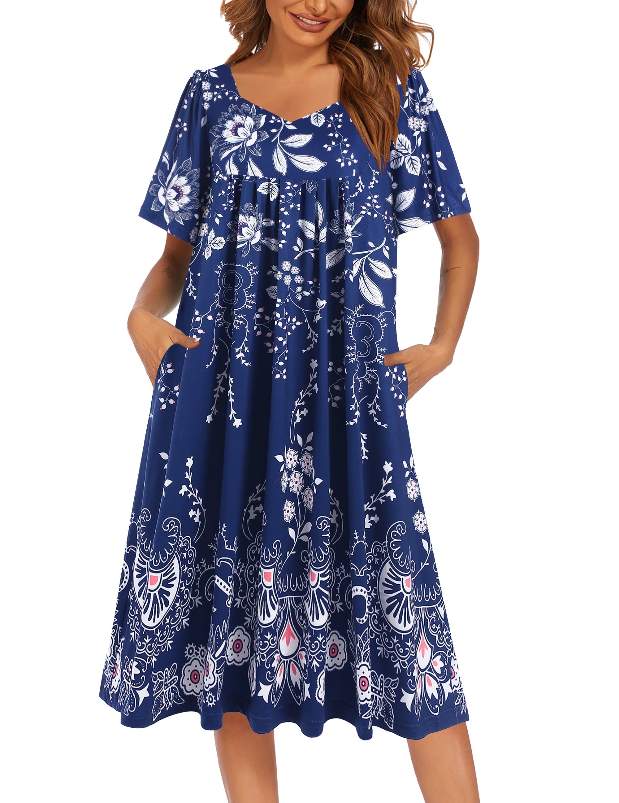 Women Short Sleeve Nightgown Long Sleepshirts V Neck Sleep Dress Below Knee Length Sleepwear