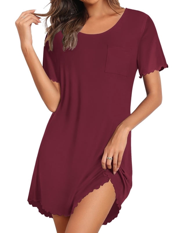 Bamboo Viscose Nightgowns for Women Ruffled Short Sleeve Sleepshirts Tie Dye Pajamas Dress with Chest Pocekts S-3XL