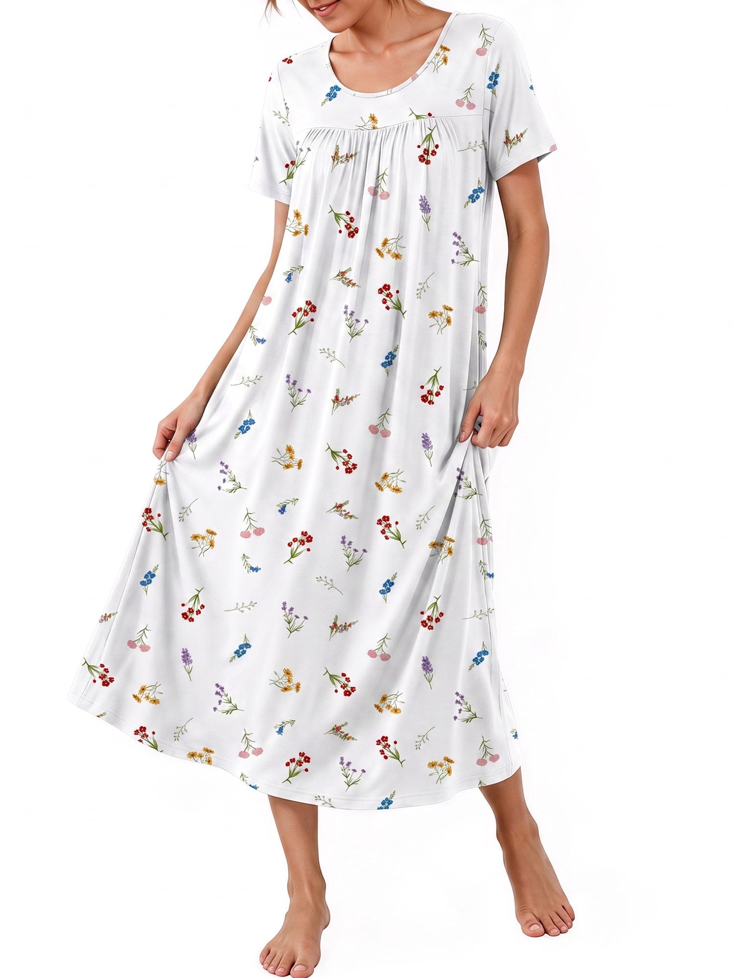 Bamboo Viscose Nightgowns for Women Pleated Floral House Dress Comfy Long Loungwear Short Sleeve Sleepwear