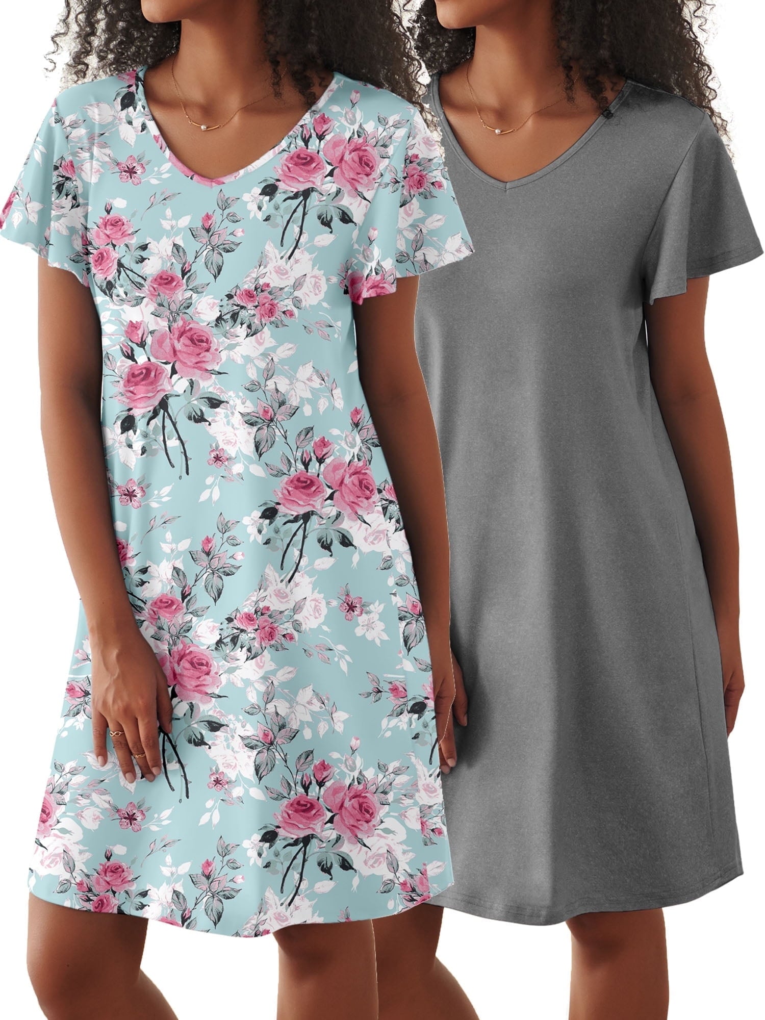 2 Pack Women Nightgown Sleepwear Flare Short Sleeve Sleepshirts V Neck Sleepdress Causal Pajama Dress