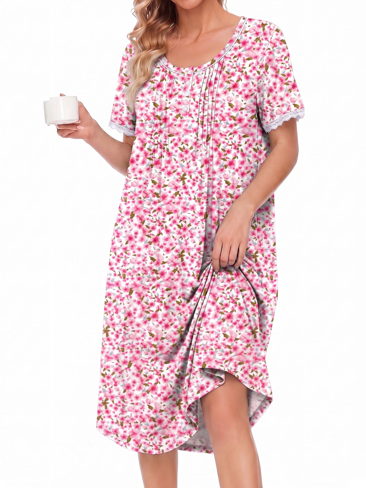 Nightgowns for Women Button Front Henley Neck House Dress Short Sleeve Soft Pajamas Dress Sleepwear