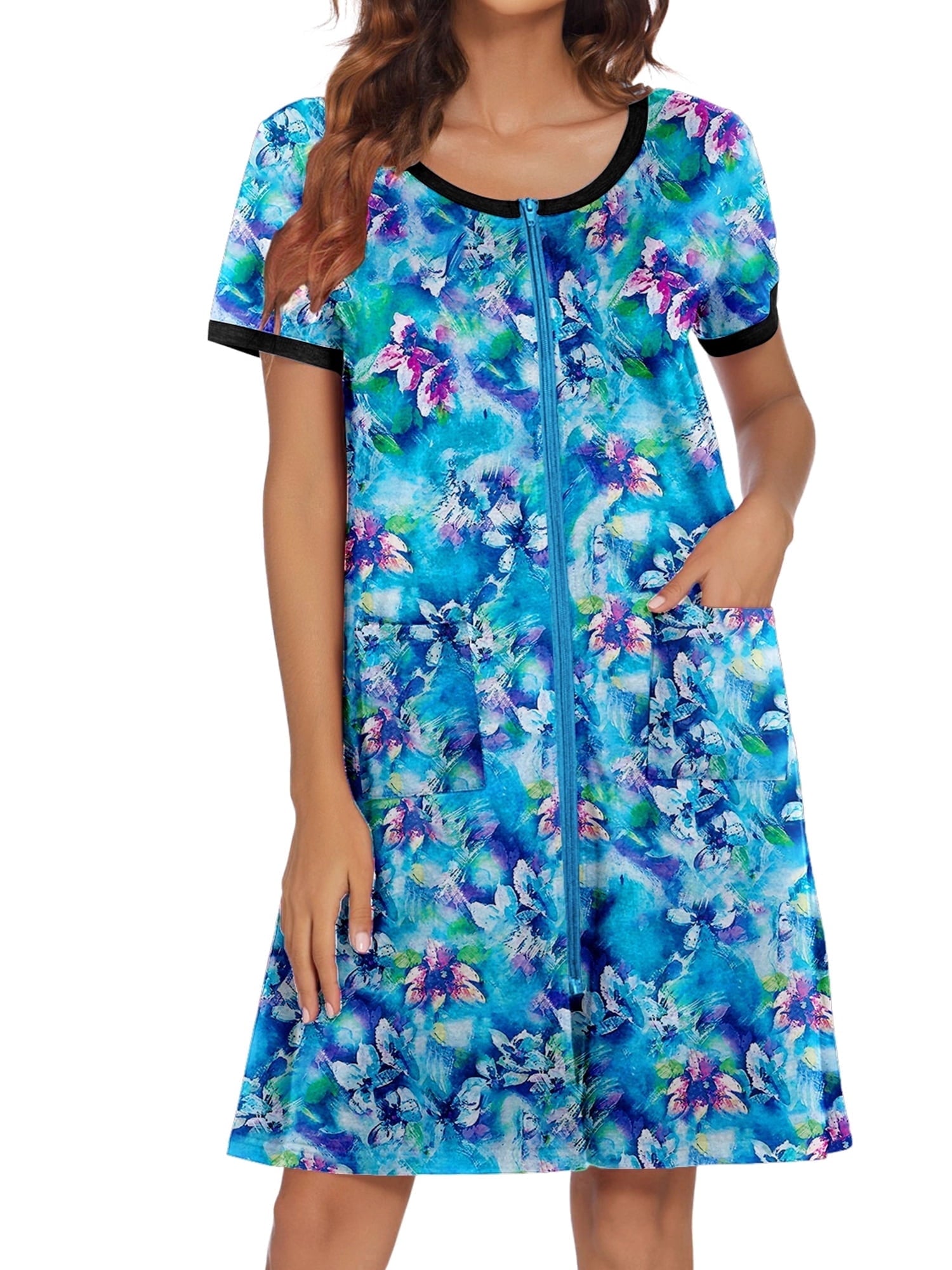 Women Zipper Front Robes Short Sleeve House Coat Zip Up Short Loungewear Dress with Pockets Nightgown Sleepwear Bathrobes