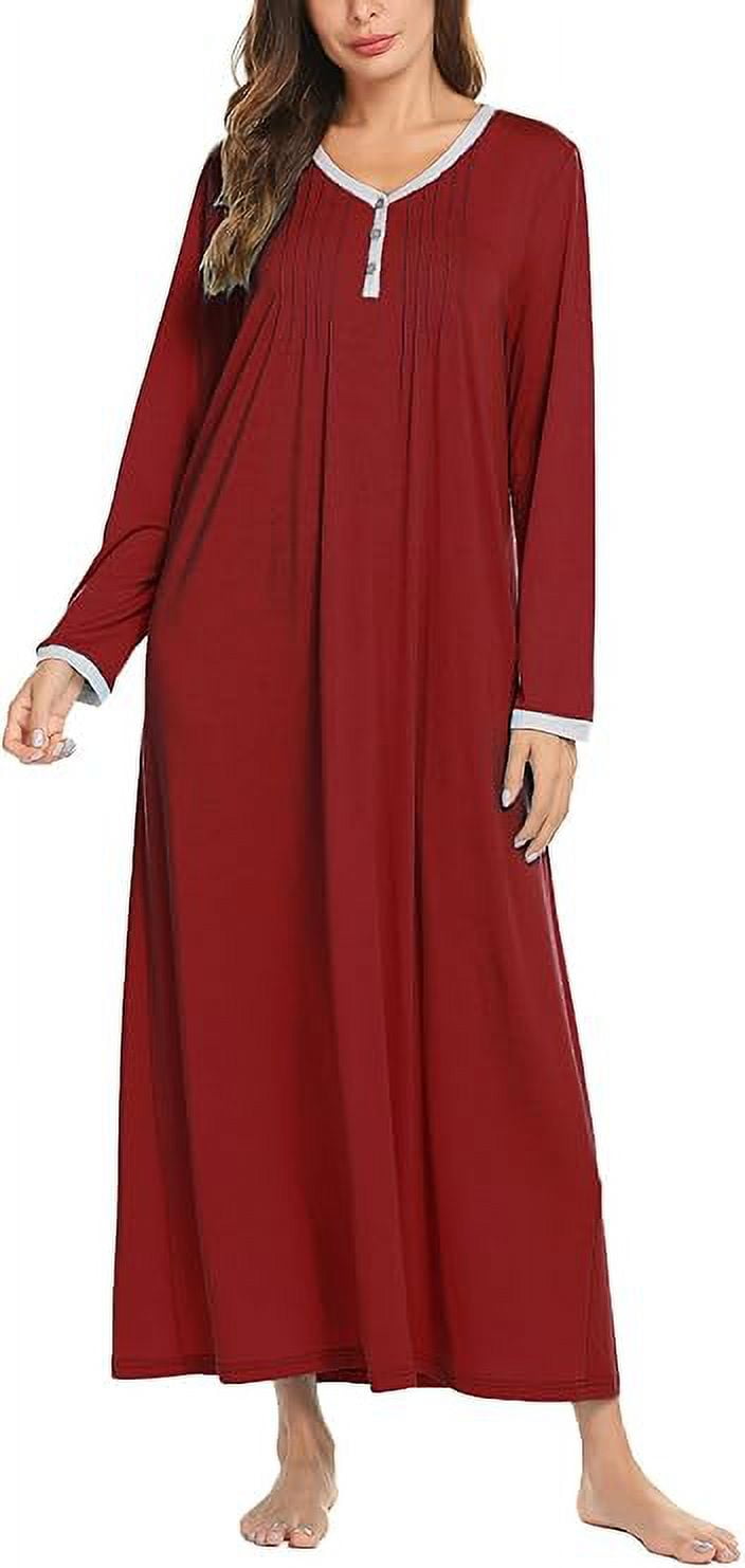 Women Long Sleeve Nightgown Long Sleepshirts Henley Sleep Dress Full Length Sleepwear