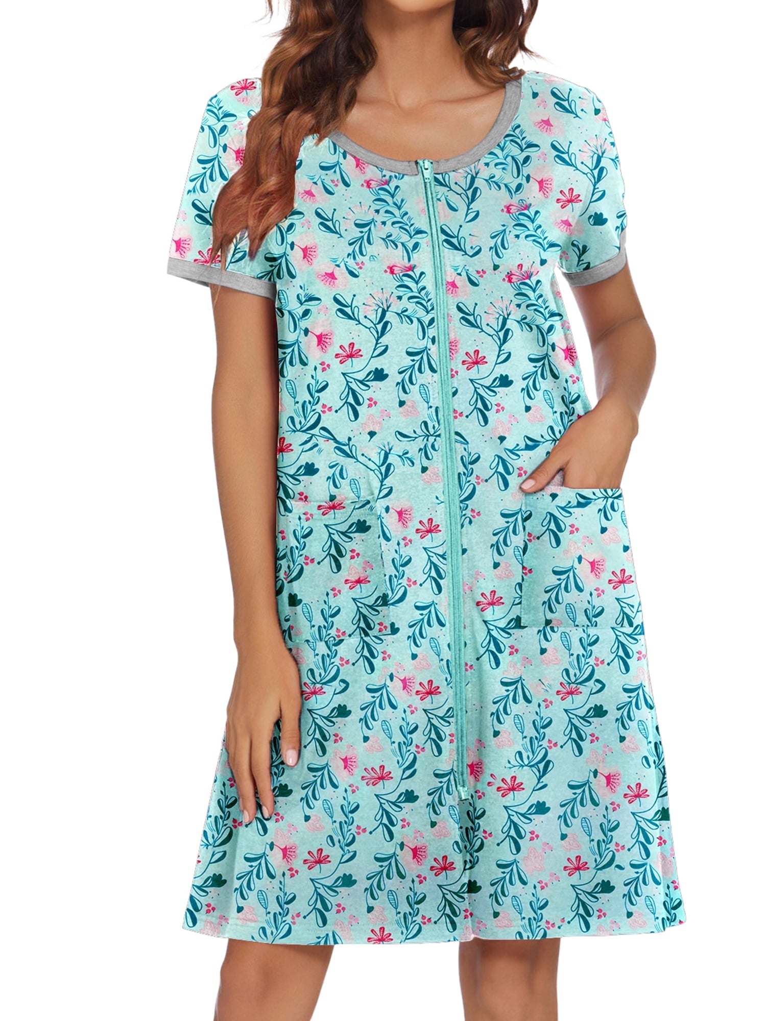 Women Zipper Front Robes Short Sleeve House Coat Zip Up Short Loungewear Dress with Pockets Nightgown Sleepwear Bathrobes
