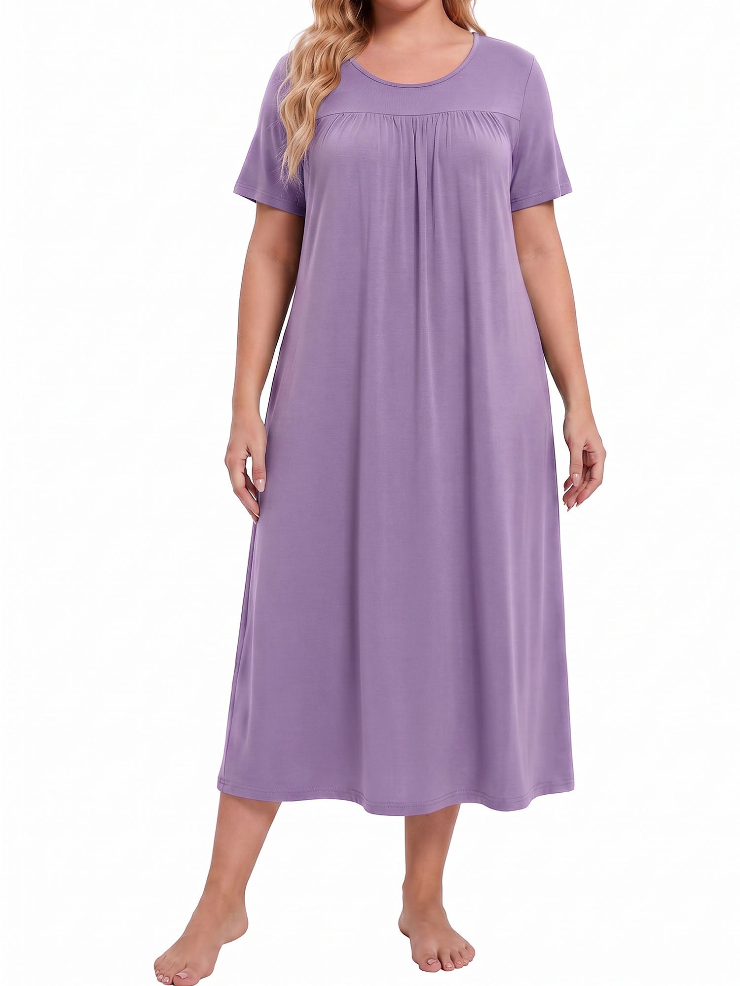 Bamboo Viscose Nightgowns for Women Pleated Floral House Dress Comfy Long Loungwear Short Sleeve Sleepwear