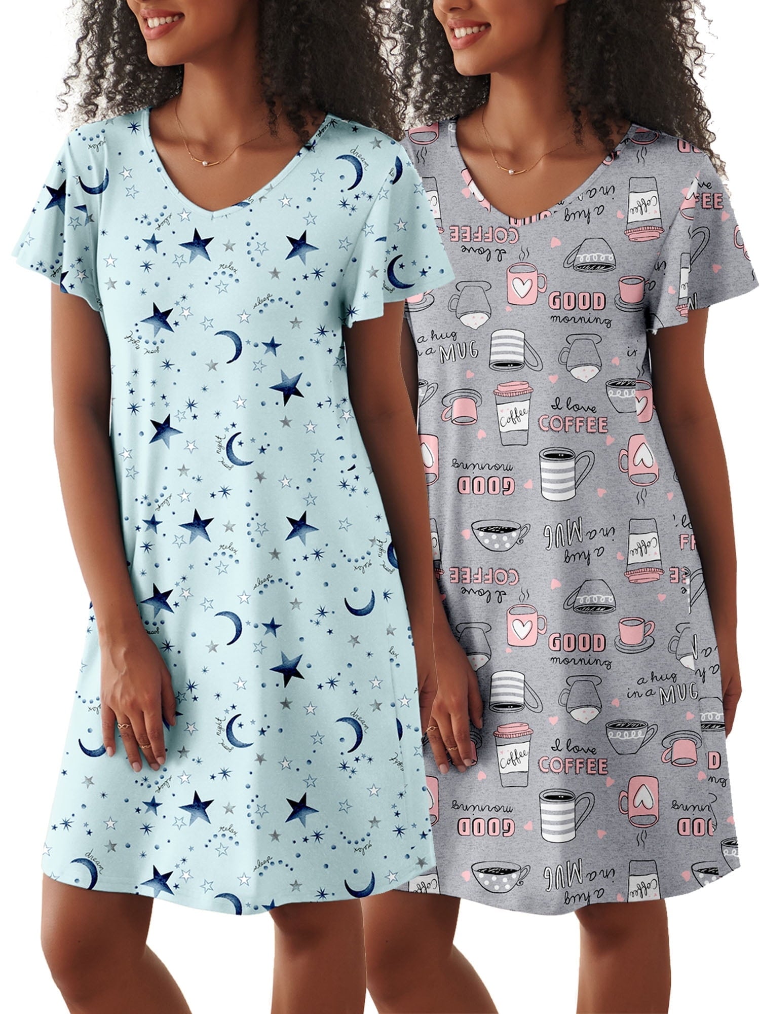 2 Pack Women Nightgown Sleepwear Flare Short Sleeve Sleepshirts V Neck Sleepdress Causal Pajama Dress