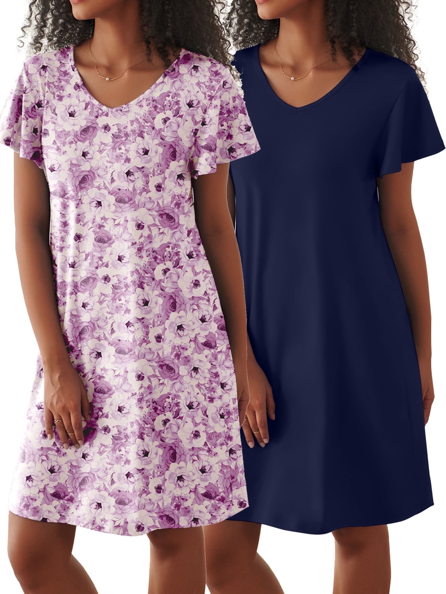 2 Pack Women Nightgown Sleepwear Flare Short Sleeve Sleepshirts V Neck Sleepdress Causal Pajama Dress