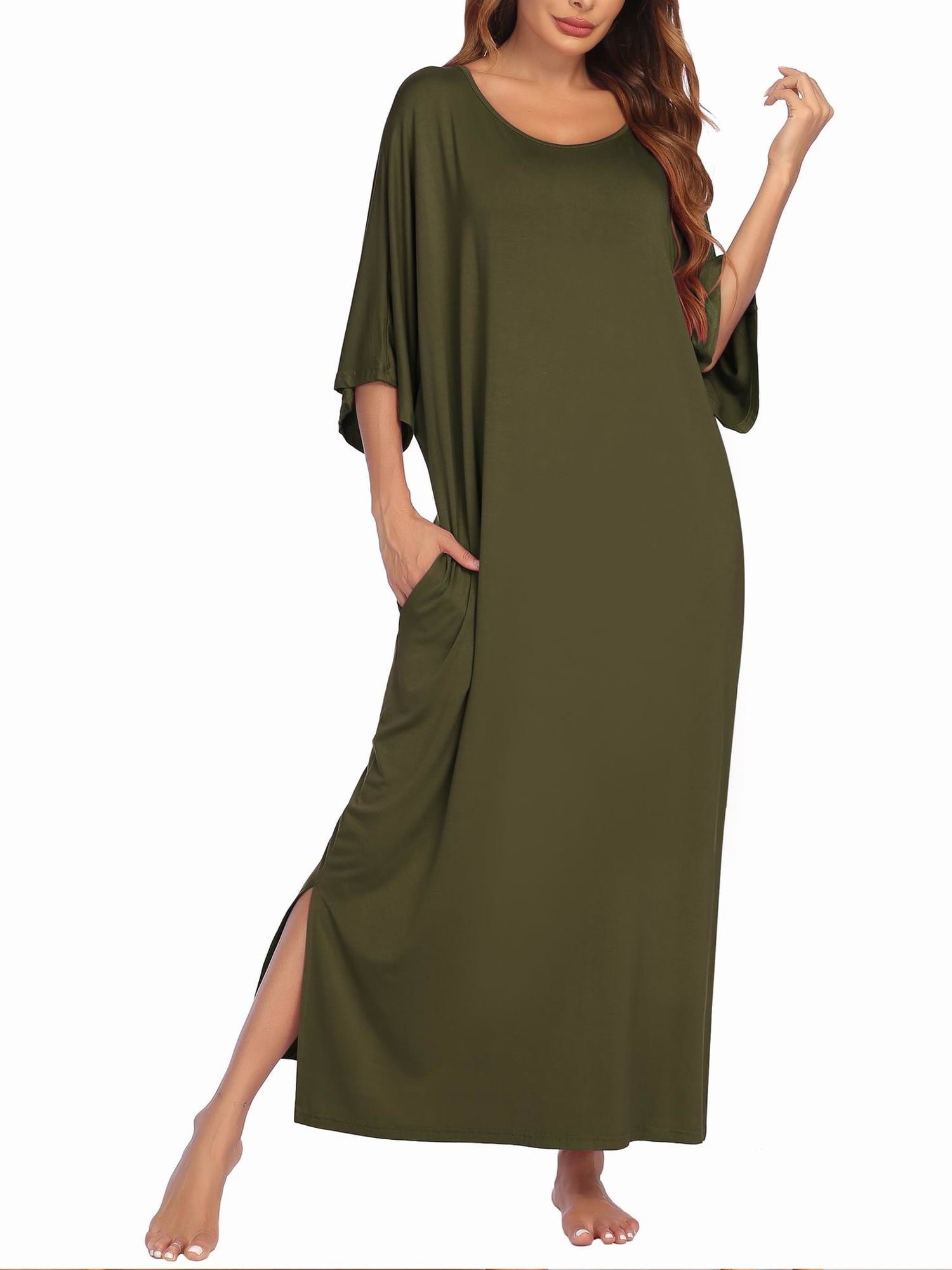 Women Long Nightgown Short Sleeve Sleepshirt Casual Maxi Loungewear with Pockets