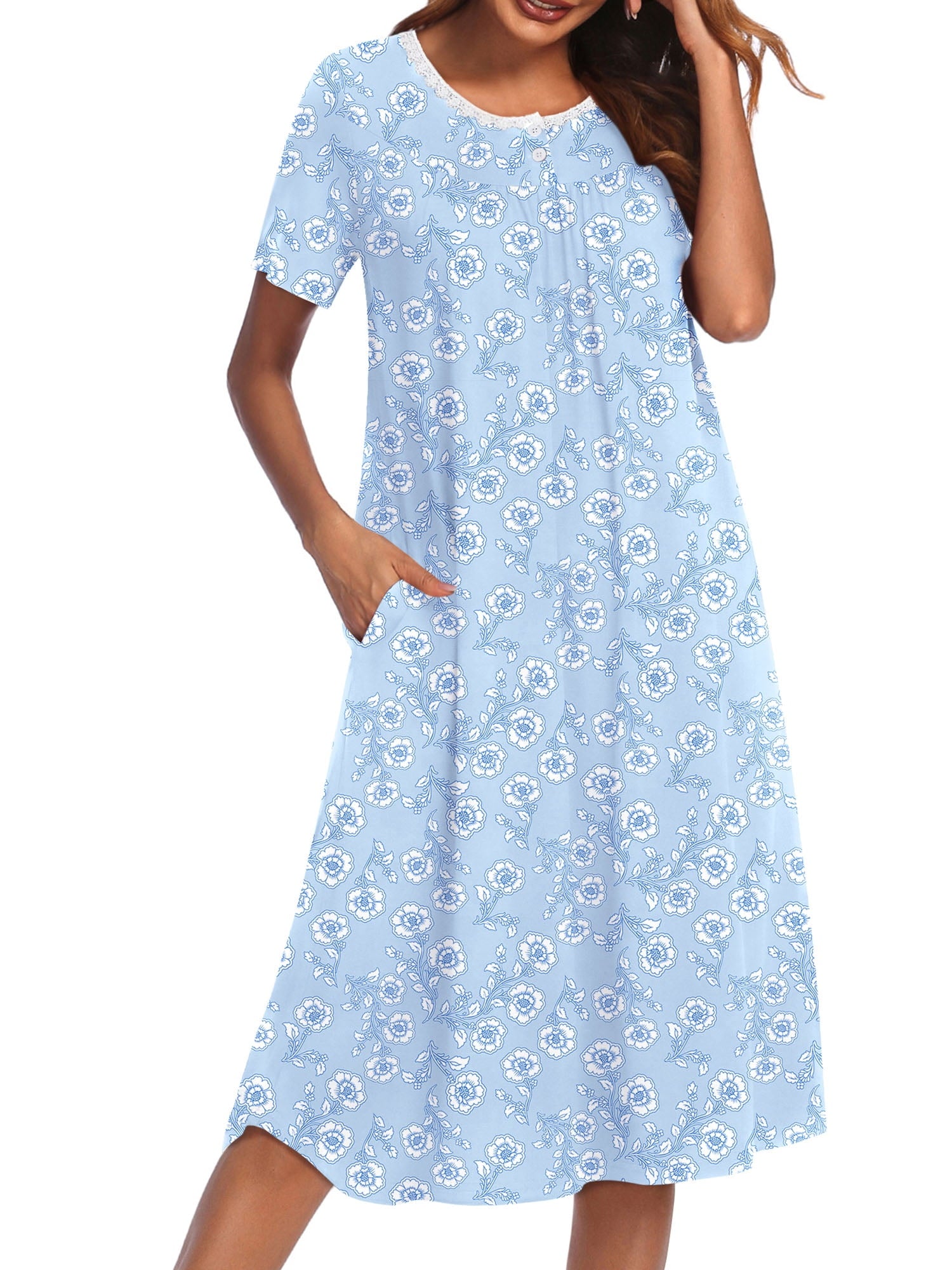 Nightgowns for Women Floral Short Sleeve Henley Sleepshirt Long Nightdress Sleepwear with Pockets S-3XL