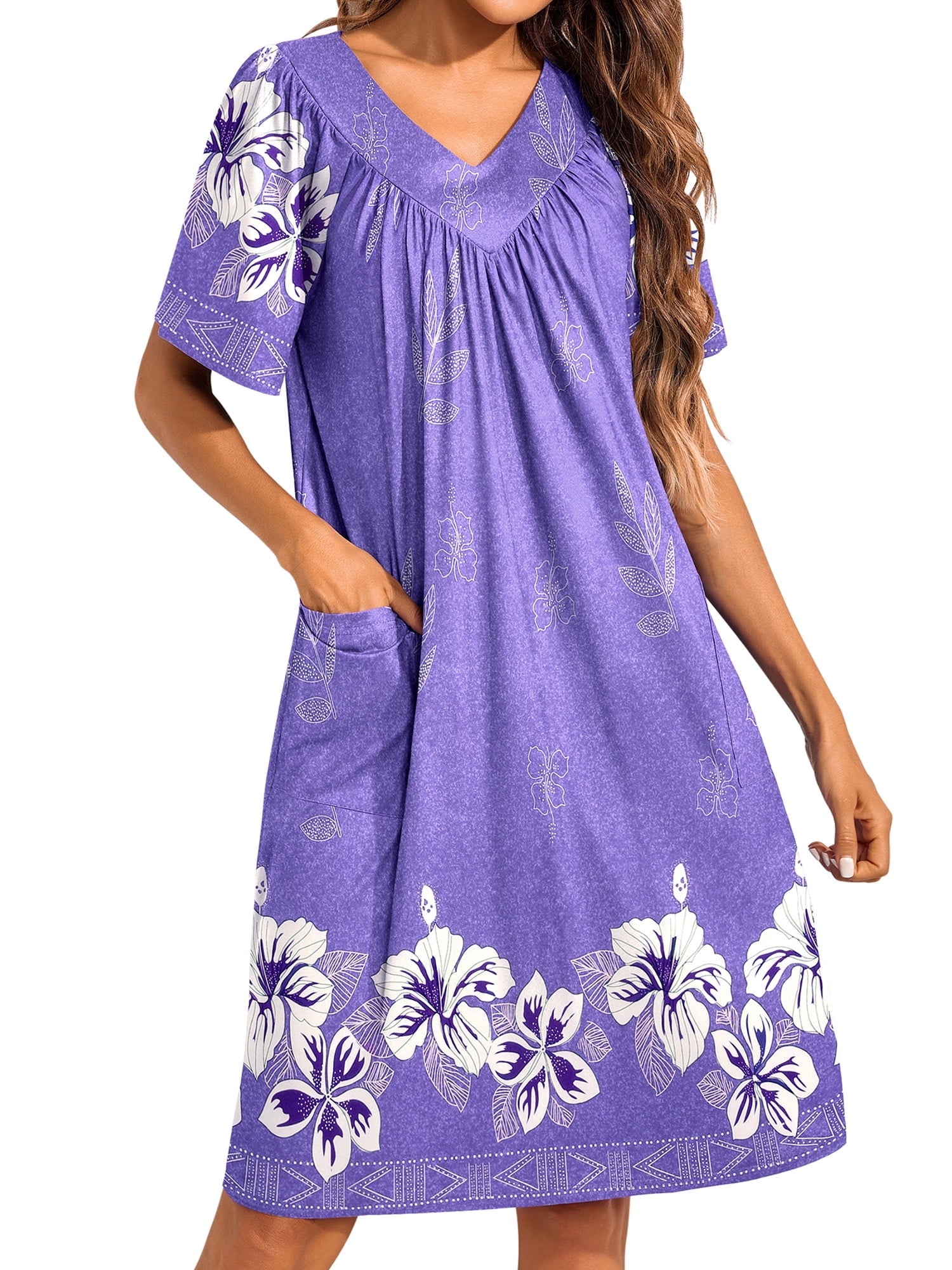 Women House Dress Floral Print Nightgown with Pockets Comfy Short Sleeve Nightdress