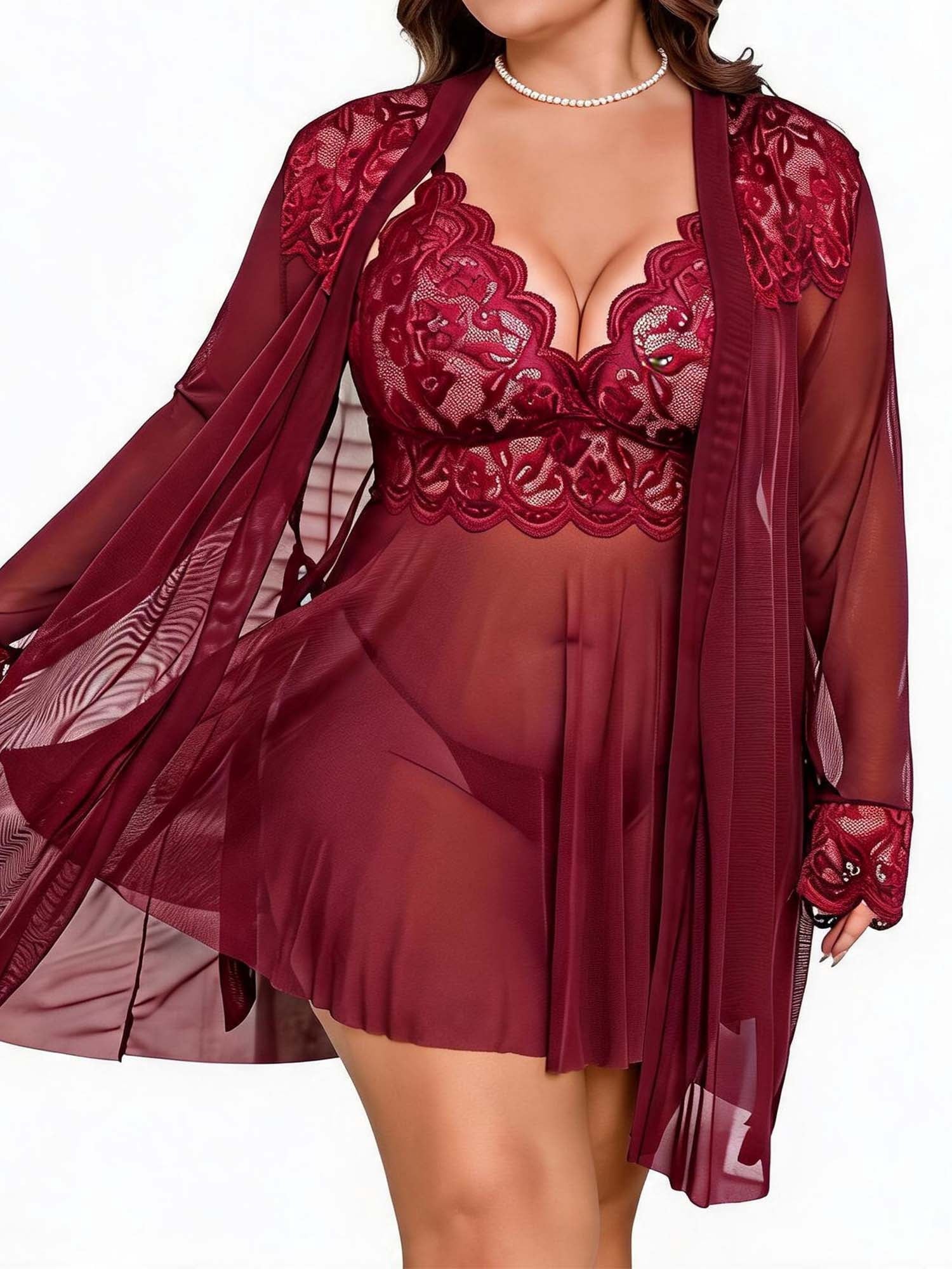 KISSGAL Plus Size Lingerie Set for Women Sexy 3 Piece Lace Kimono Robes with Babydoll Chemise Dress and Thong Mesh Sleepwear