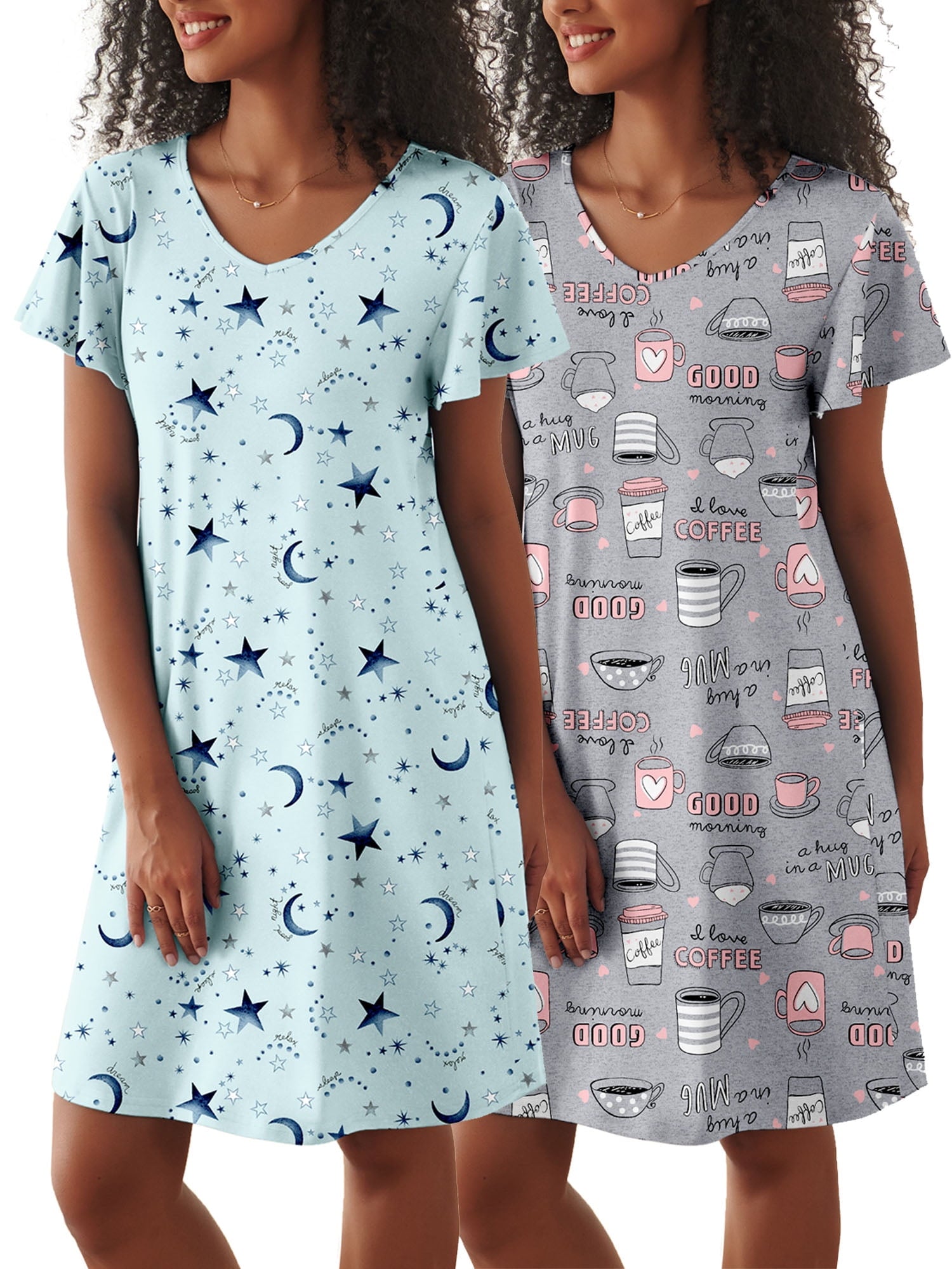 2 Pack Women Nightgown Sleepwear Flare Short Sleeve Sleepshirts V Neck Sleepdress Causal Pajama Dress