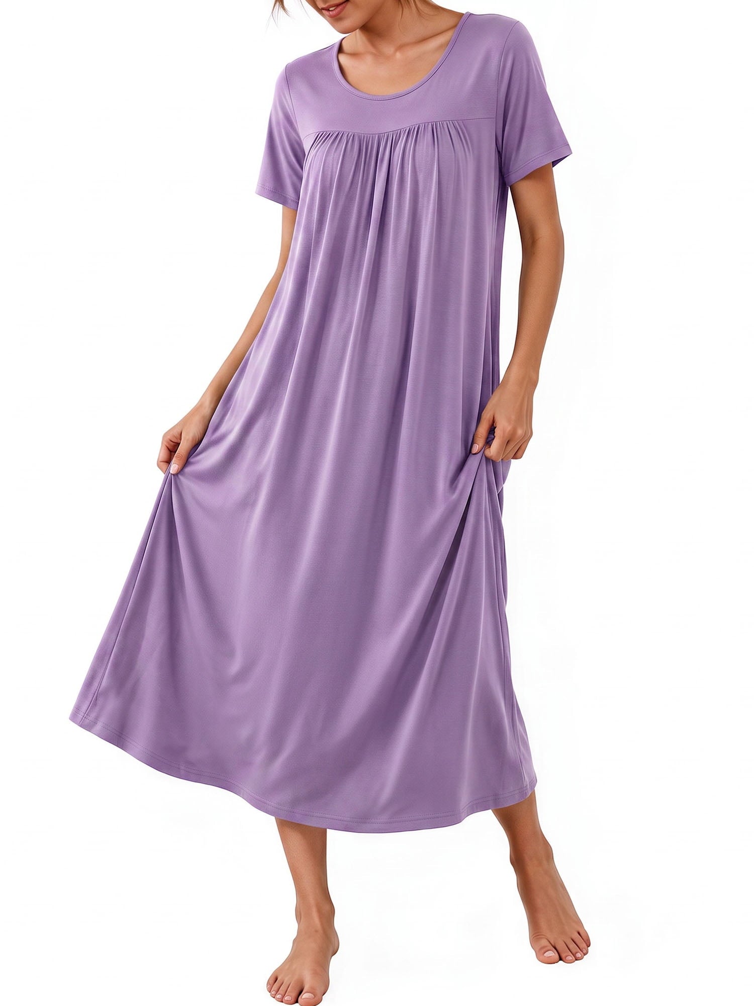 Bamboo Viscose Nightgowns for Women Pleated Floral House Dress Comfy Long Loungwear Short Sleeve Sleepwear