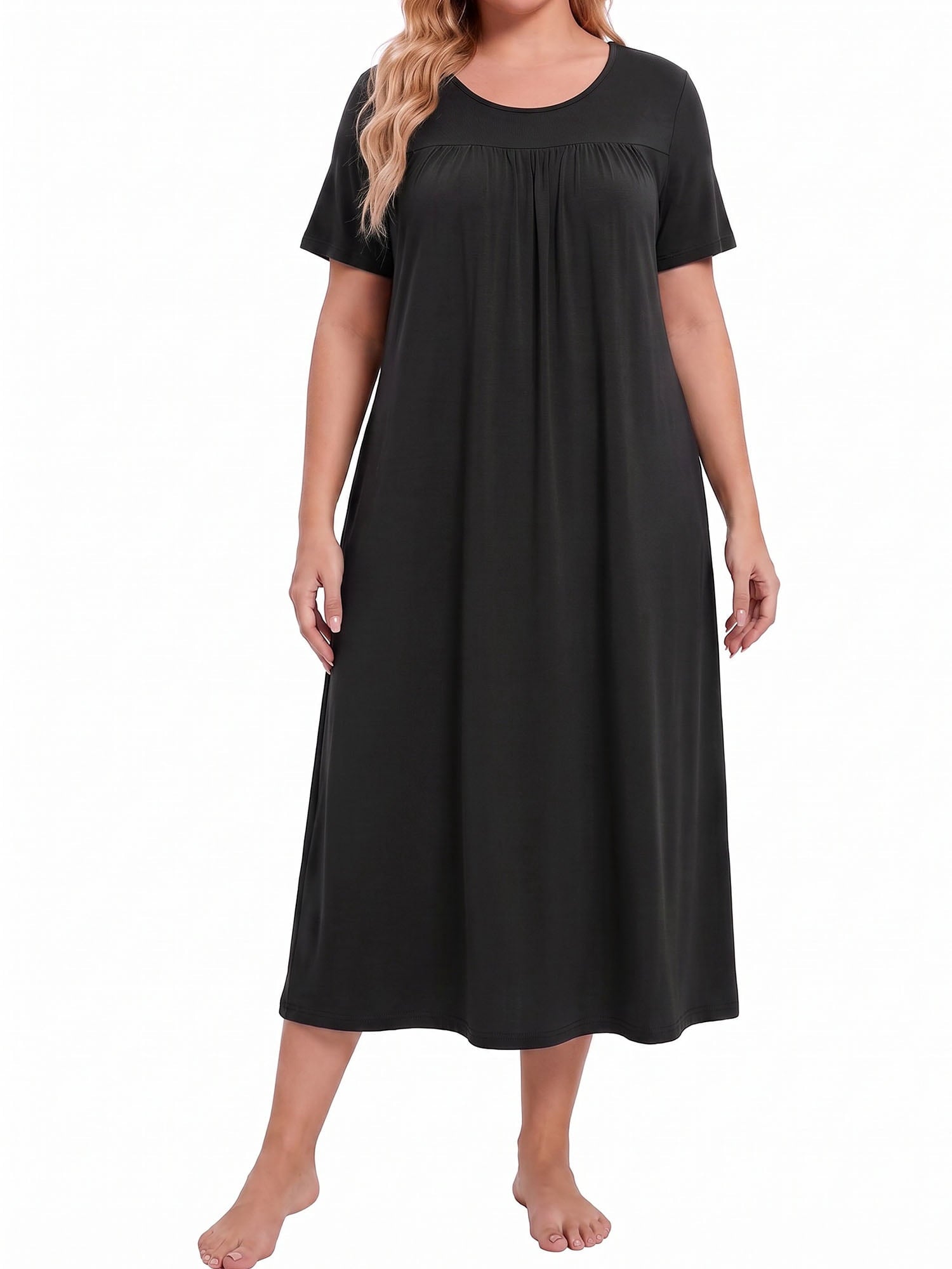 Bamboo Viscose Nightgowns for Women Pleated Floral House Dress Comfy Long Loungwear Short Sleeve Sleepwear