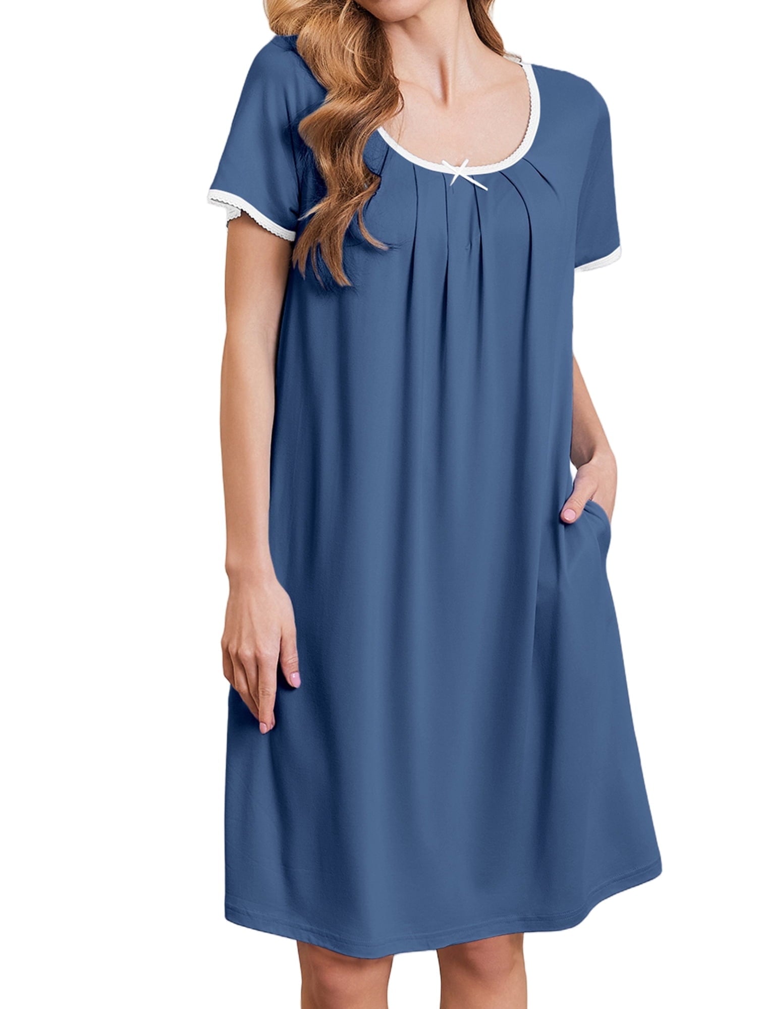 Nightgowns for Women Short Sleeve House Dress with Pockets Pleated Nightdress Soft Sleepwear