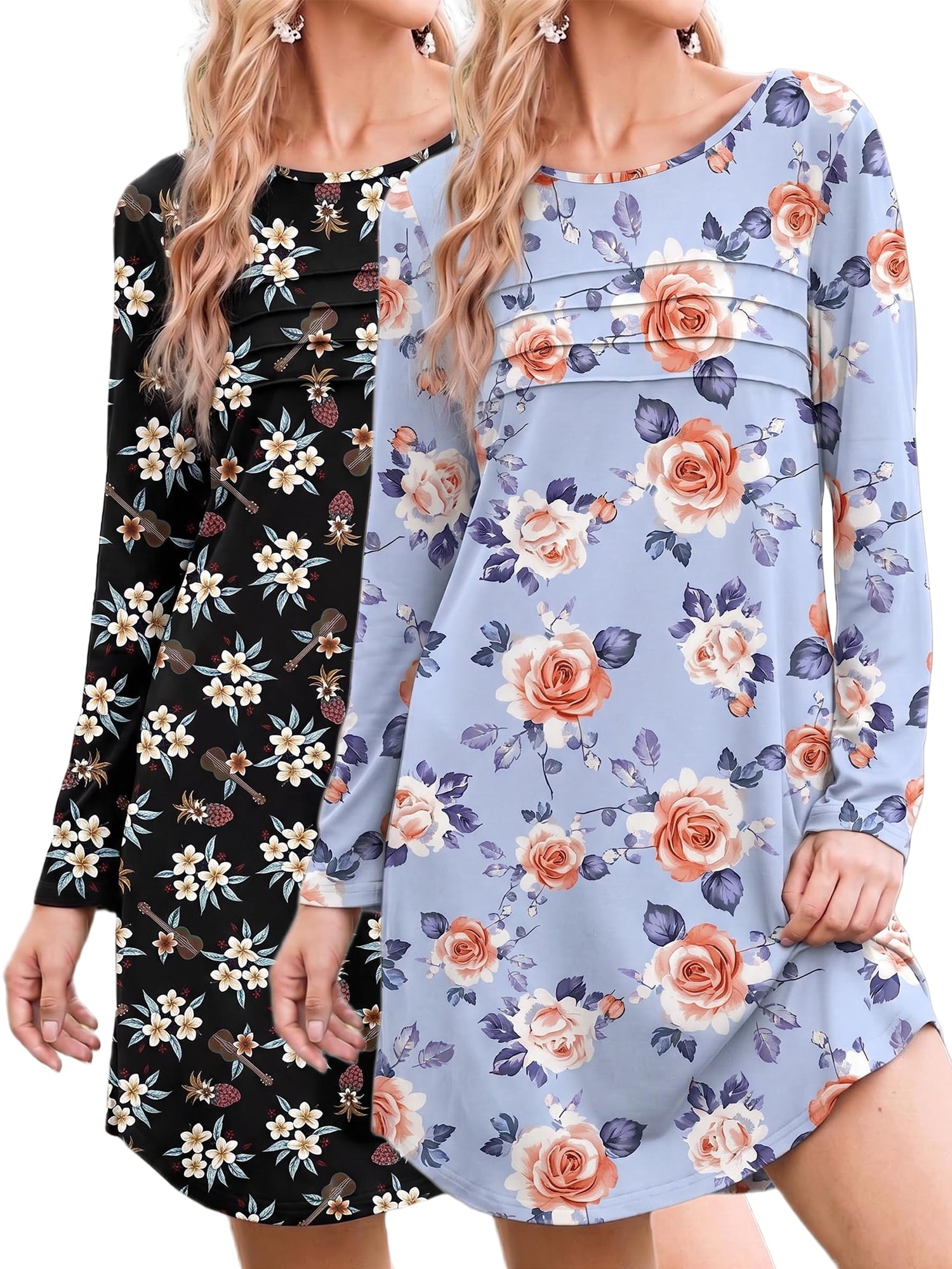 2 Pack Nightgowns for Women Long Sleeve Nightshirts Soft Crew Neck Pajamas Dress Sleepwear , Floral Printed, S-XXXL