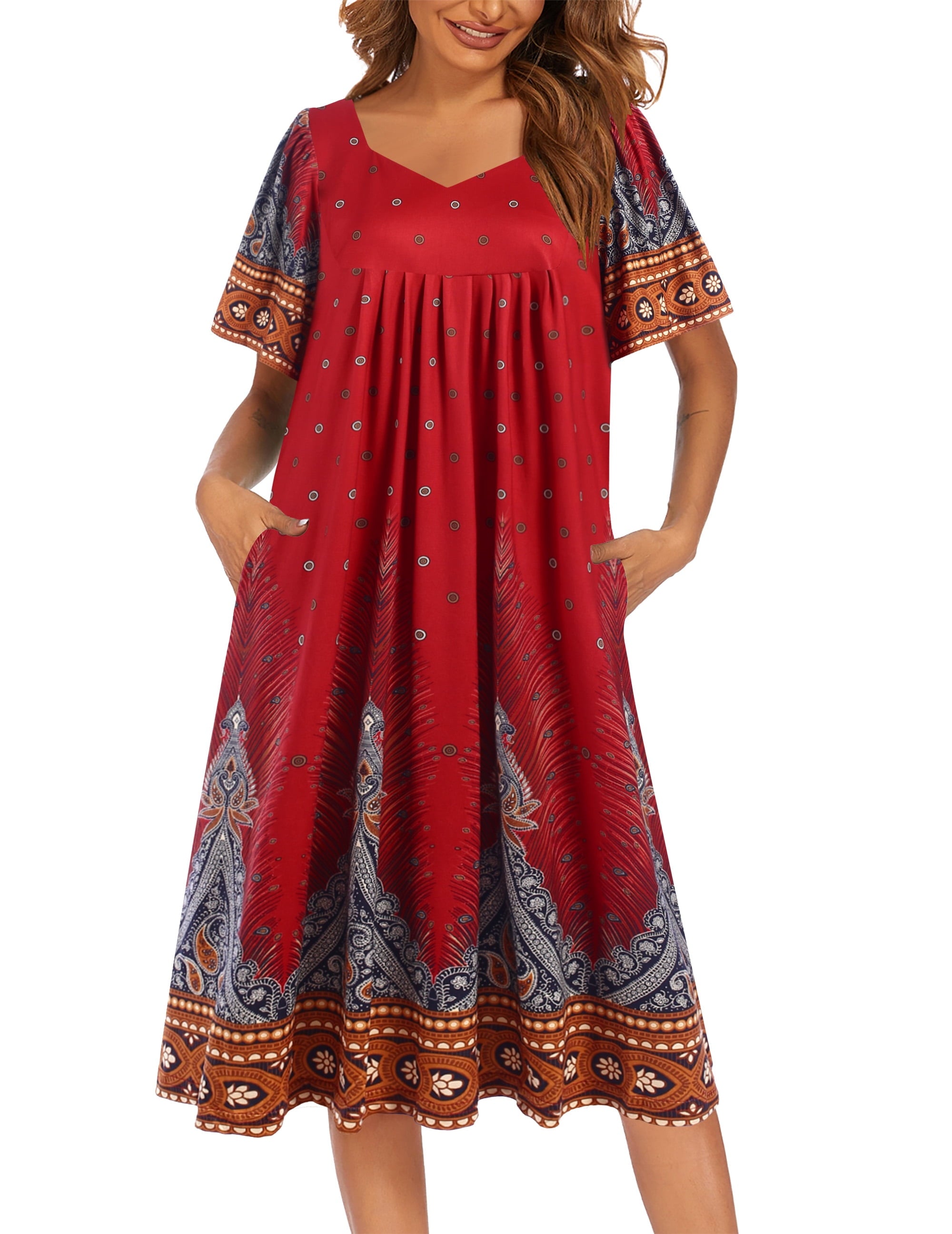 Women Short Sleeve Nightgown Long Sleepshirts V Neck Sleep Dress Below Knee Length Sleepwear
