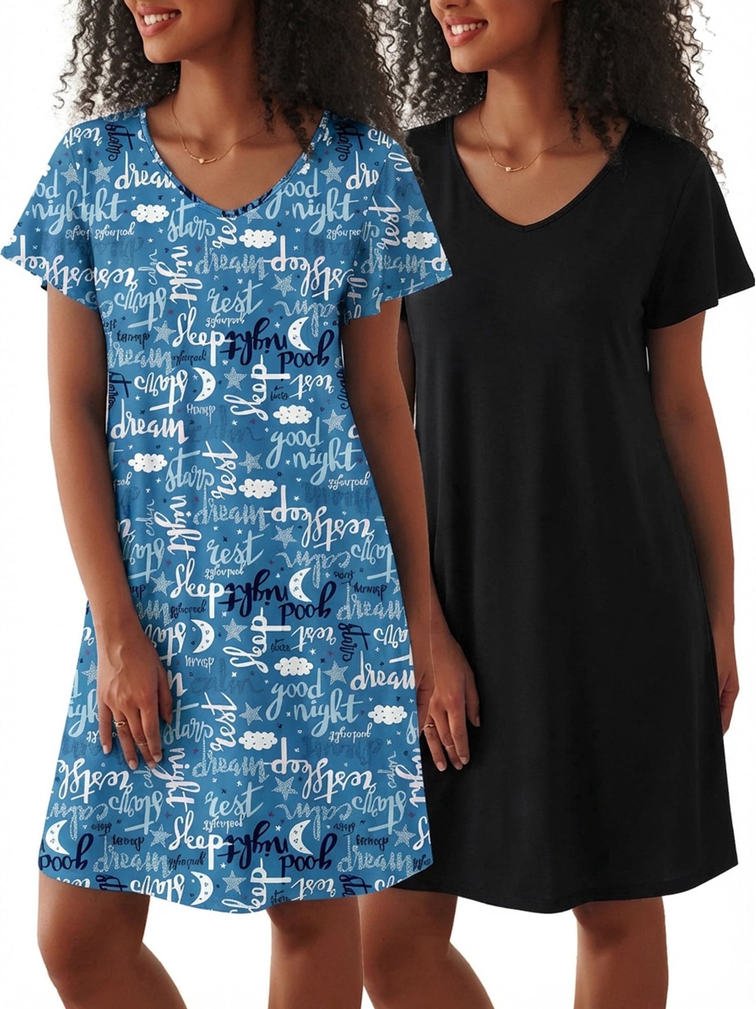 2 Pack Women Nightgown Sleepwear Flare Short Sleeve Sleepshirts V Neck Sleepdress Causal Pajama Dress