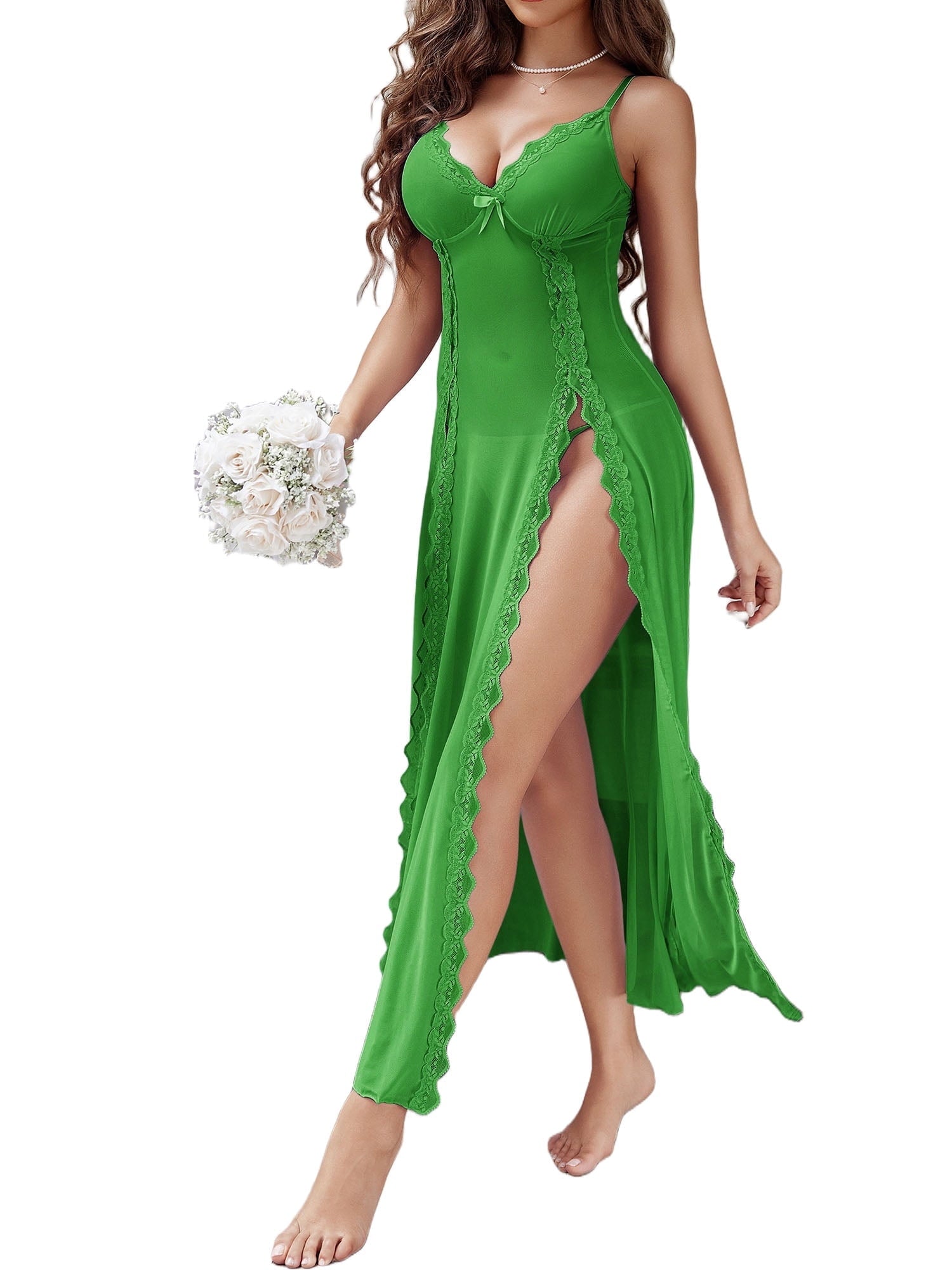 KISSGAL Lingerie for Women Side Split Babydoll Chemise Sexy Nightdress Deep V Neck Nightwear Long Nightgown