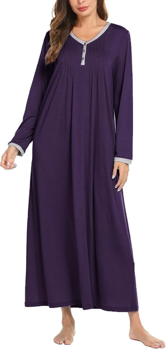 Women Long Sleeve Nightgown Sleepwear Long Sleepshirts Henley Sleep Dress Full Length Nightdress