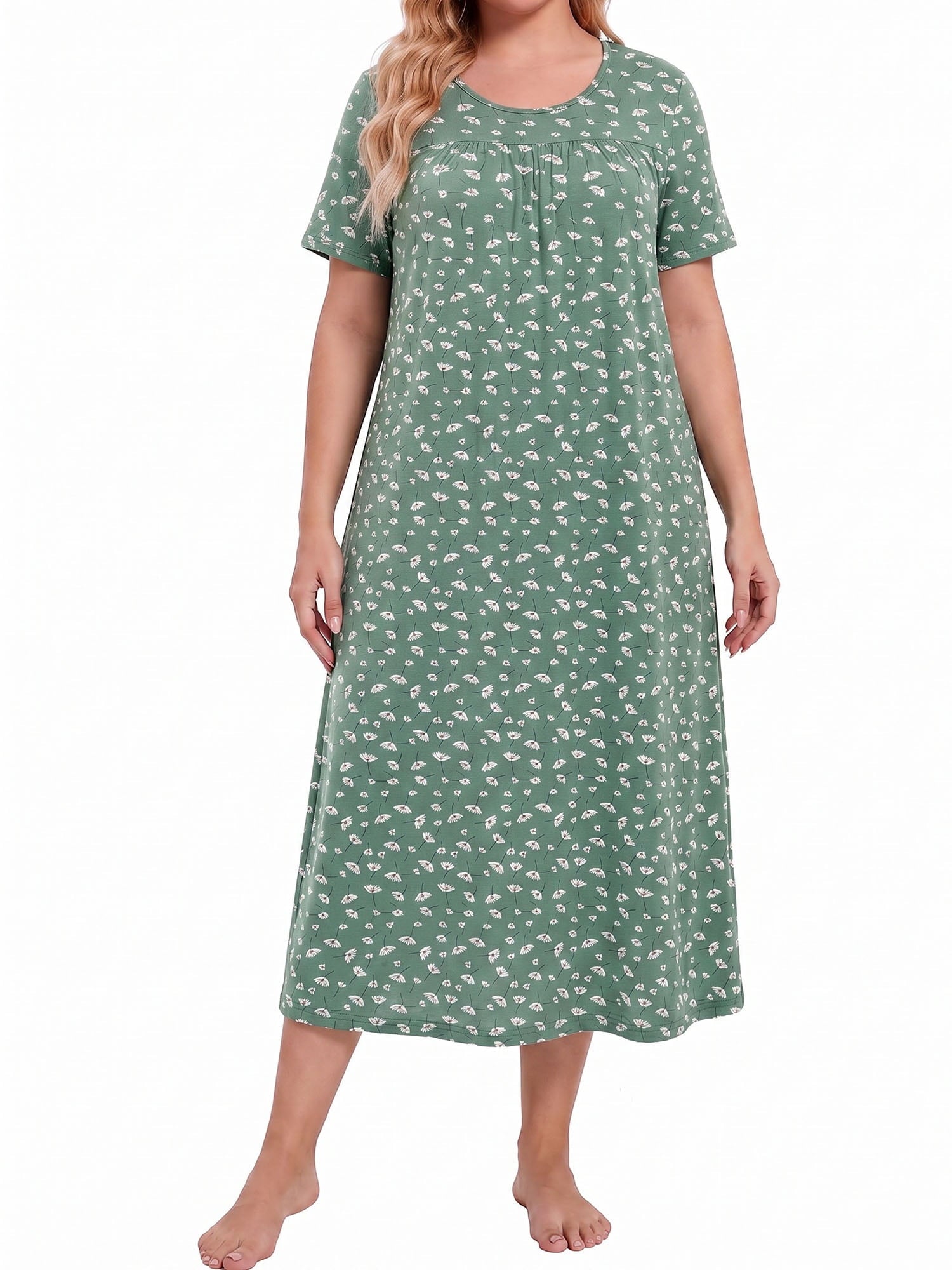 Bamboo Viscose Nightgowns for Women Pleated Floral House Dress Comfy Long Loungwear Short Sleeve Sleepwear
