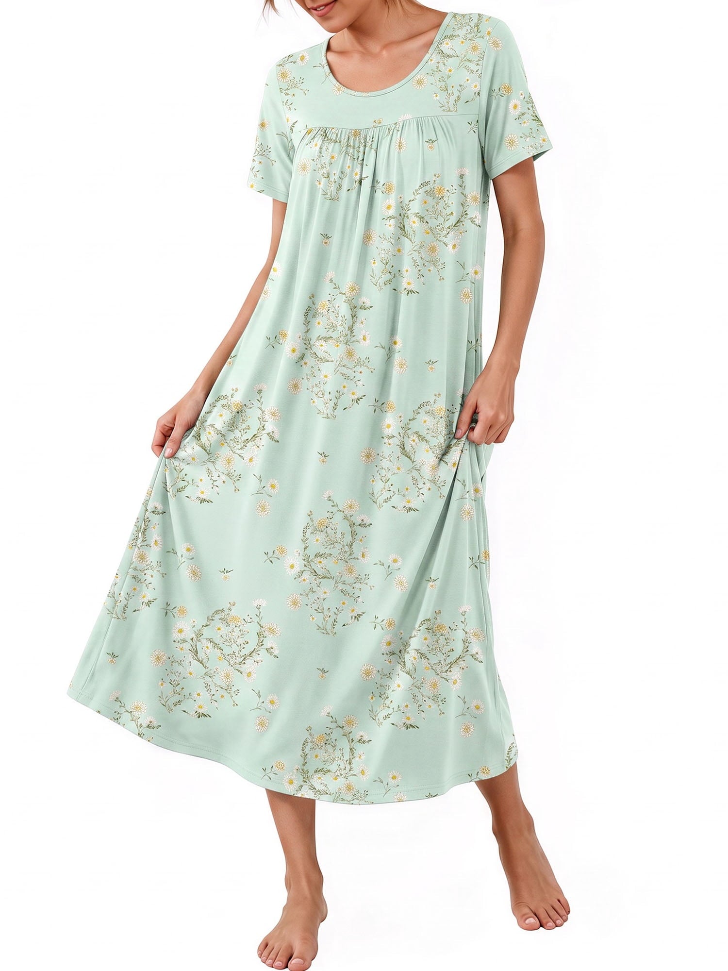 Bamboo Viscose Nightgowns for Women Pleated Floral House Dress Comfy Long Loungwear Short Sleeve Sleepwear