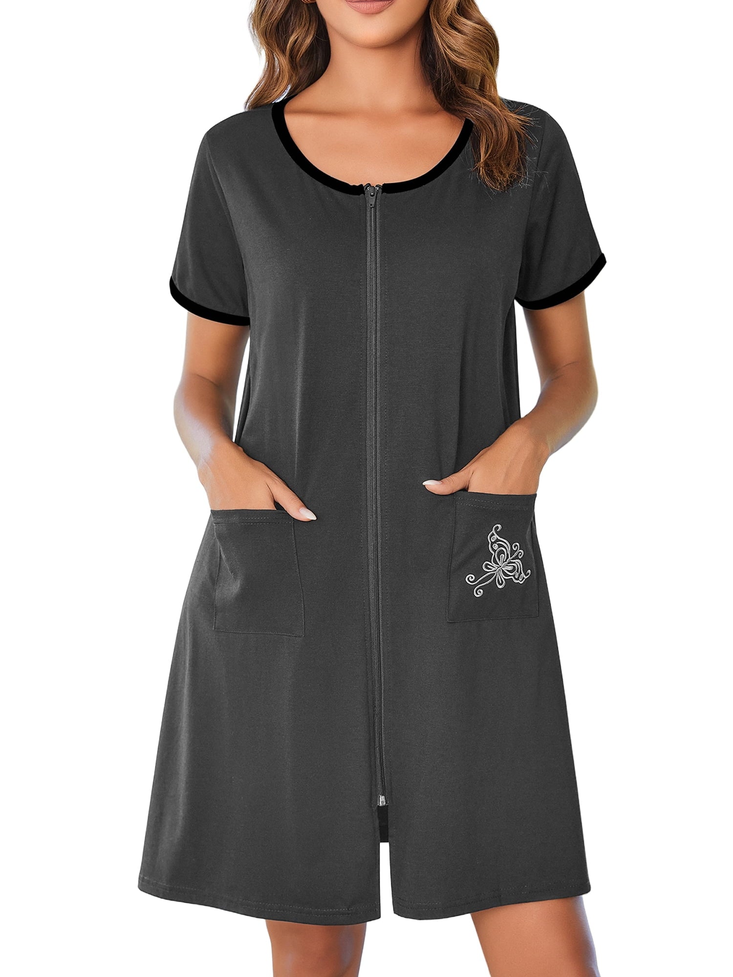 Women Zipper Front Robes Short Sleeve House Coat Zip Up Short Loungewear Dress with Pockets Nightgown Sleepwear Bathrobes
